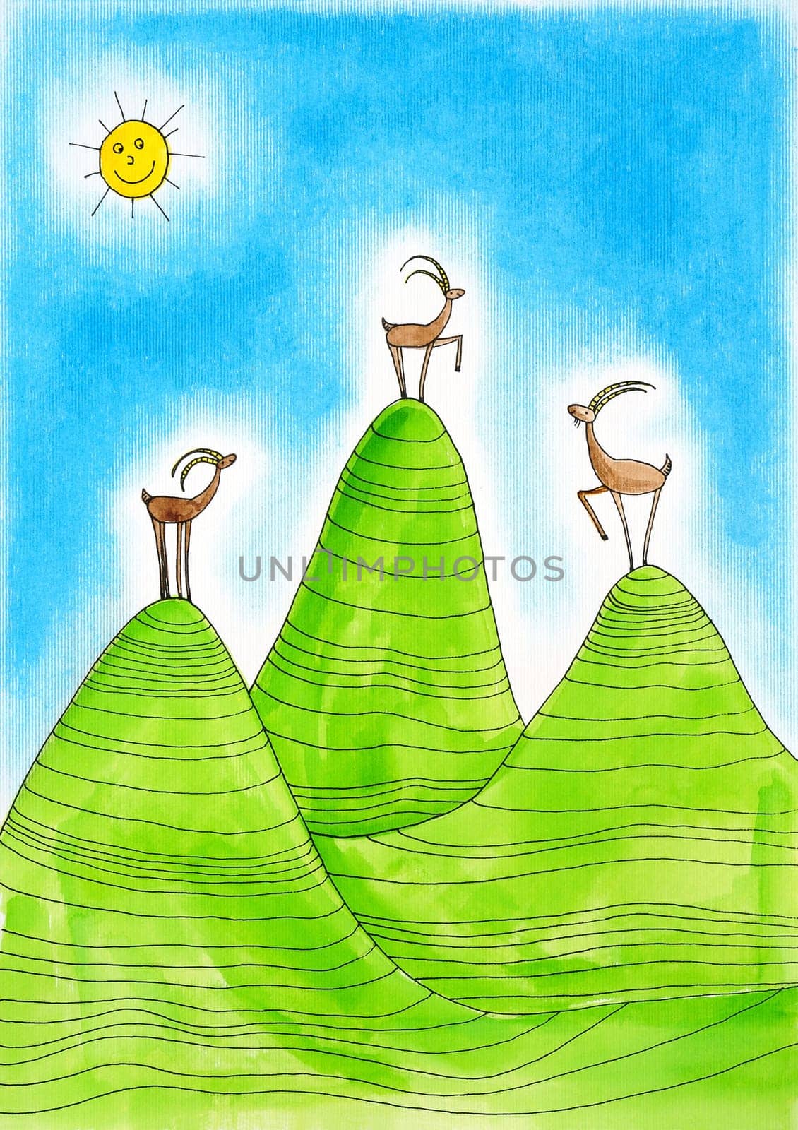Three Alpine ibexes, child's drawing, watercolor painting on paper