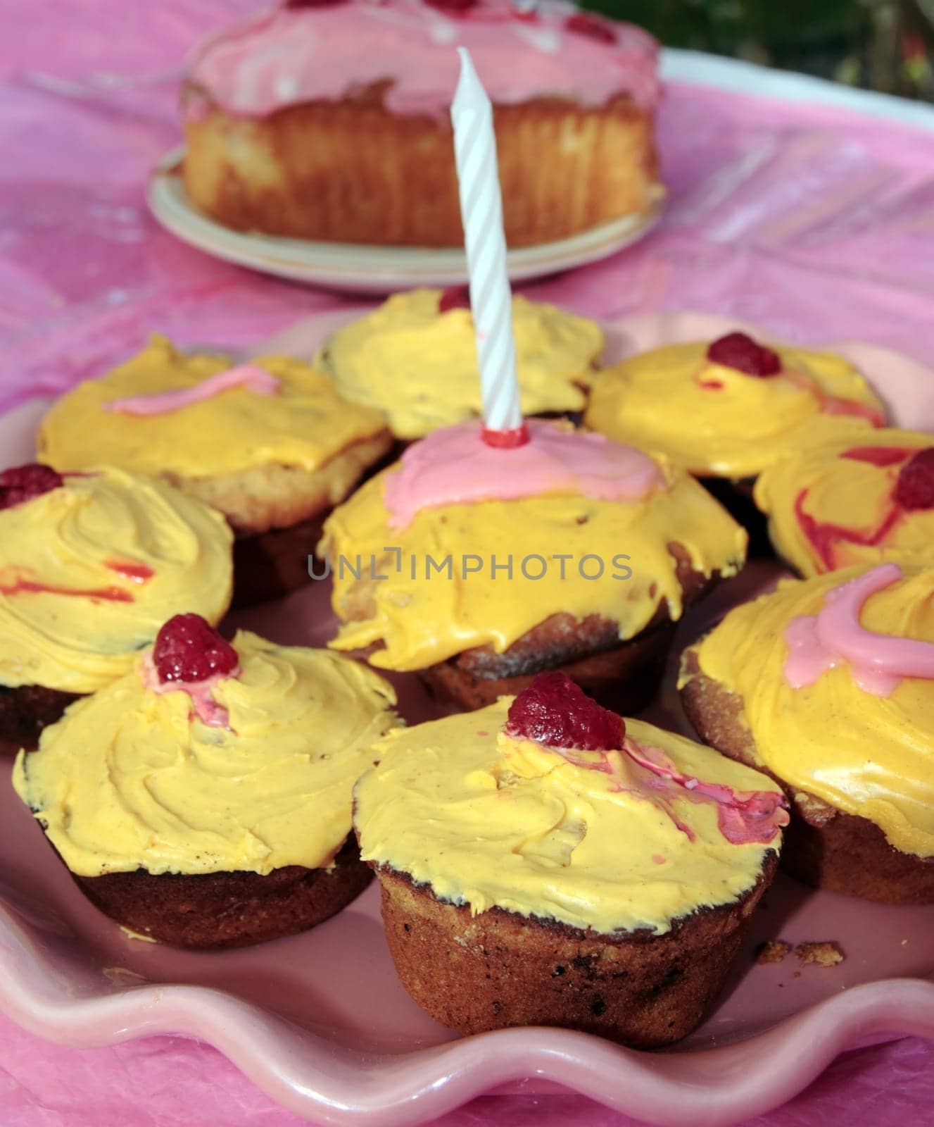 assorted cupcakes with a candle on one ready for a birthday party
