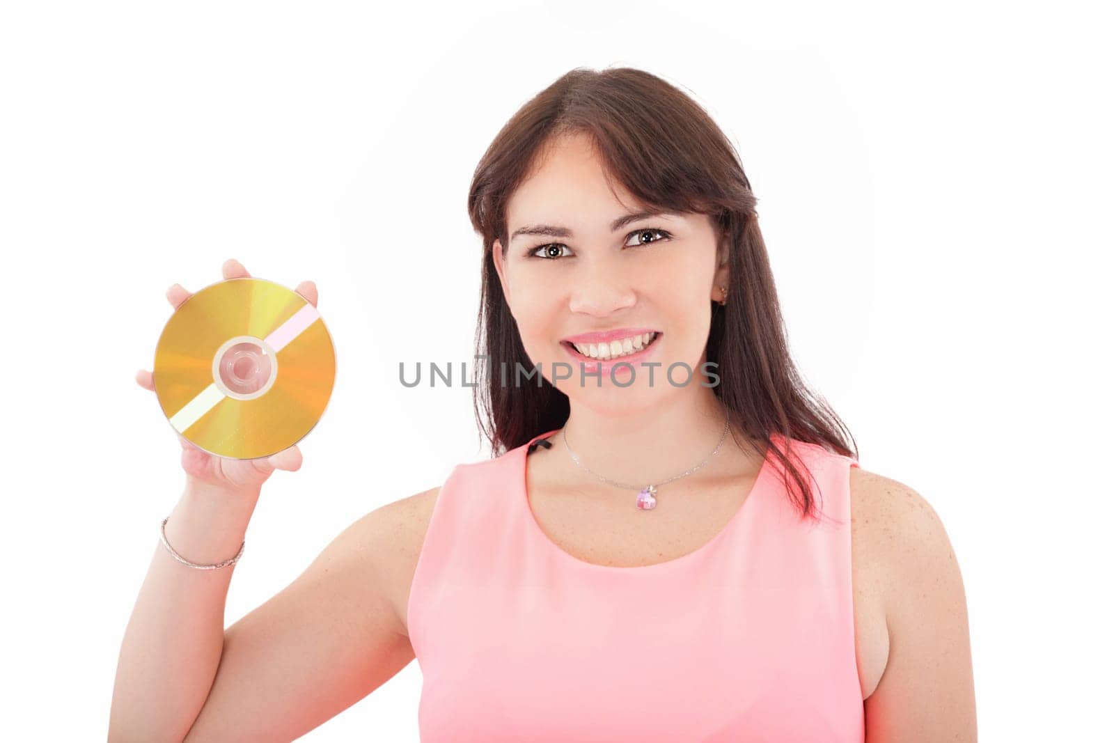 Woman with cd. Over white background