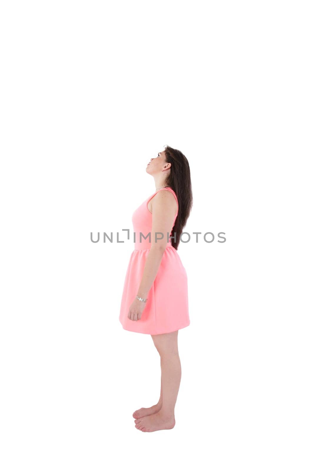 Portrait of a thinking woman full-length looking away on copyspace