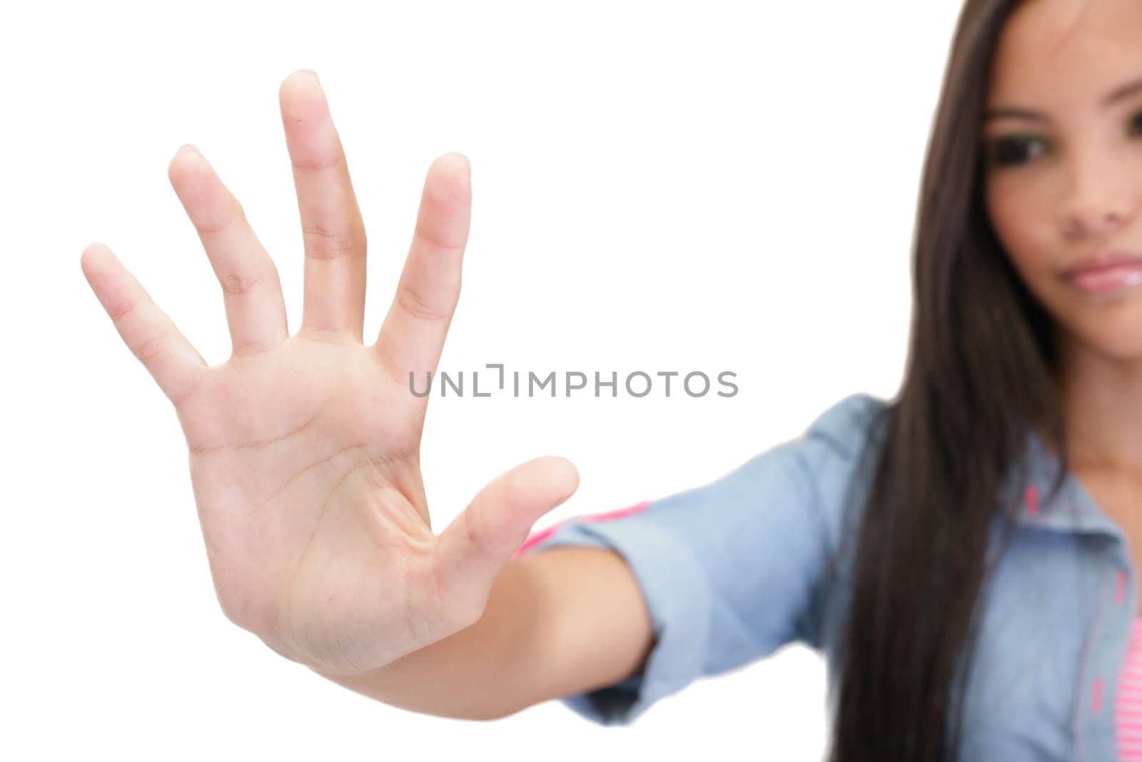 female hand reaching or touching something with fingers isolated on white