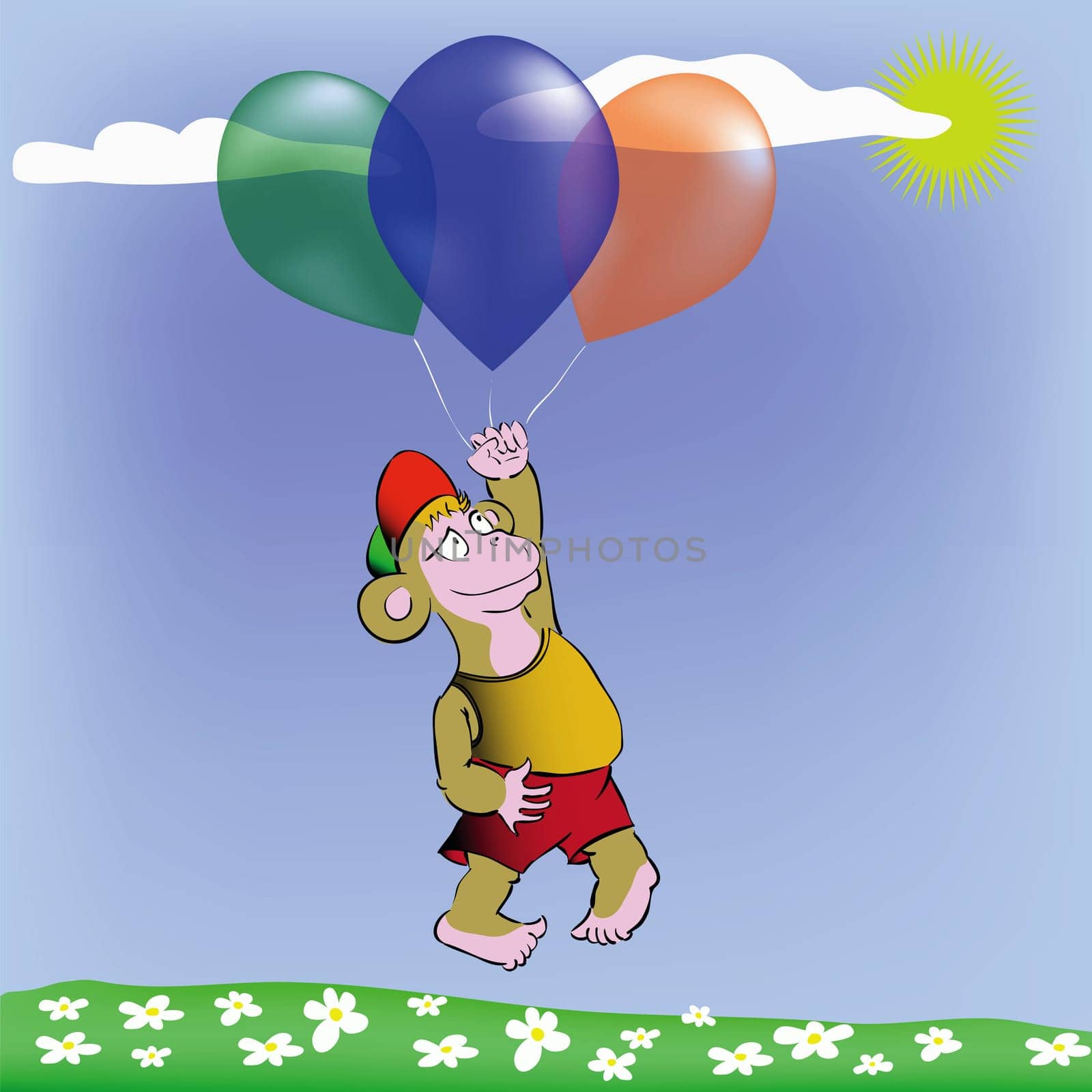 colorful illustration with  monkey and baloons for your design