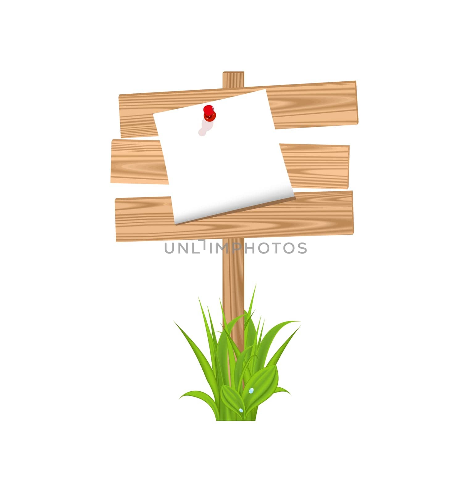 Illustration wooden signpost with announcement, grass - vector
