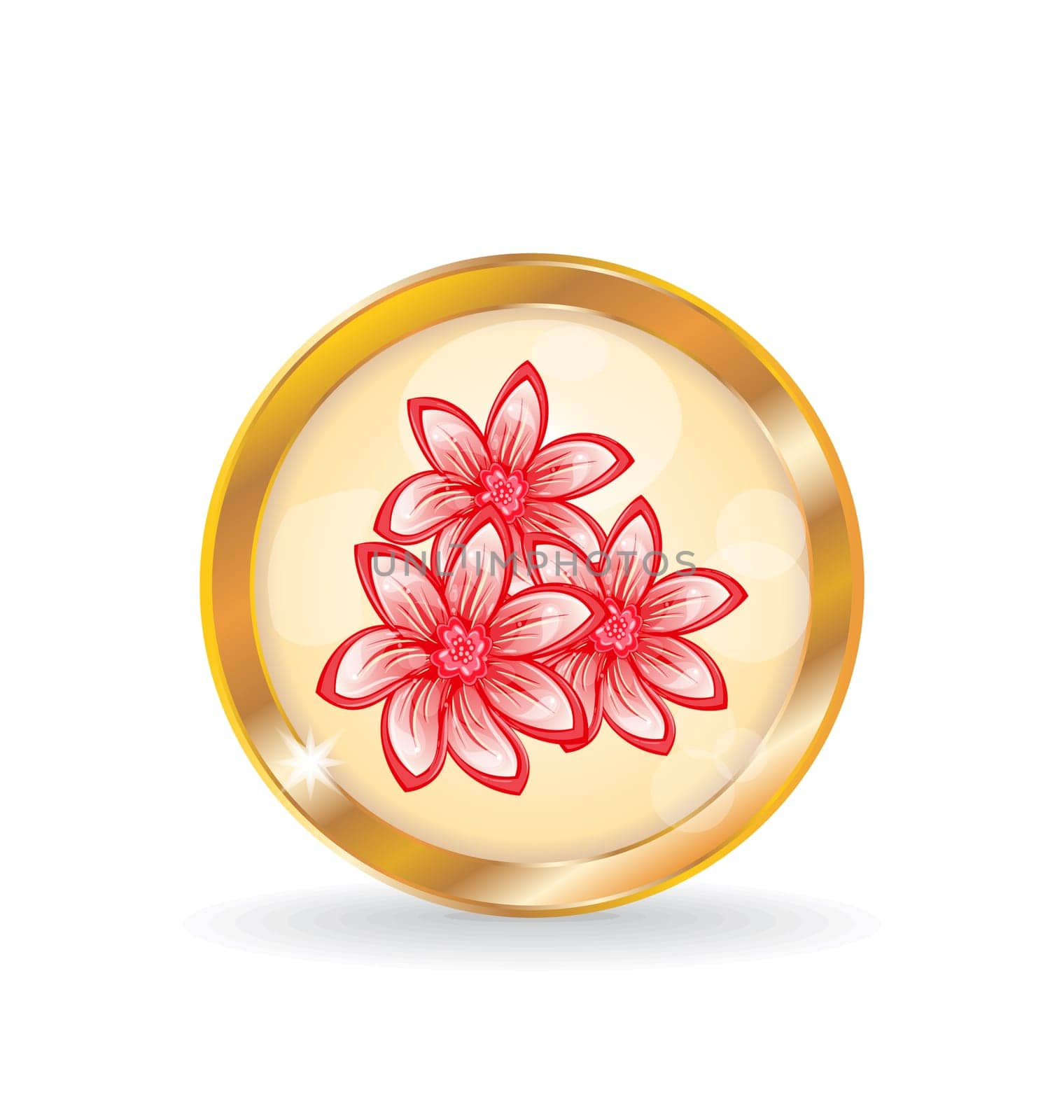 Illustration golden circle label (button) with flowers - vector