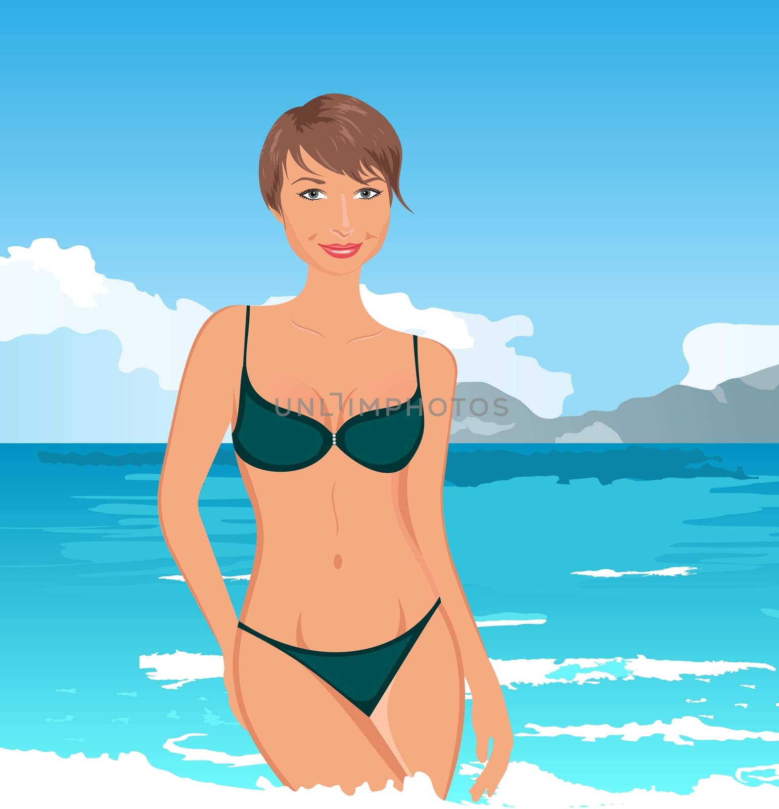 Illustration pretty girl on summer background - vector