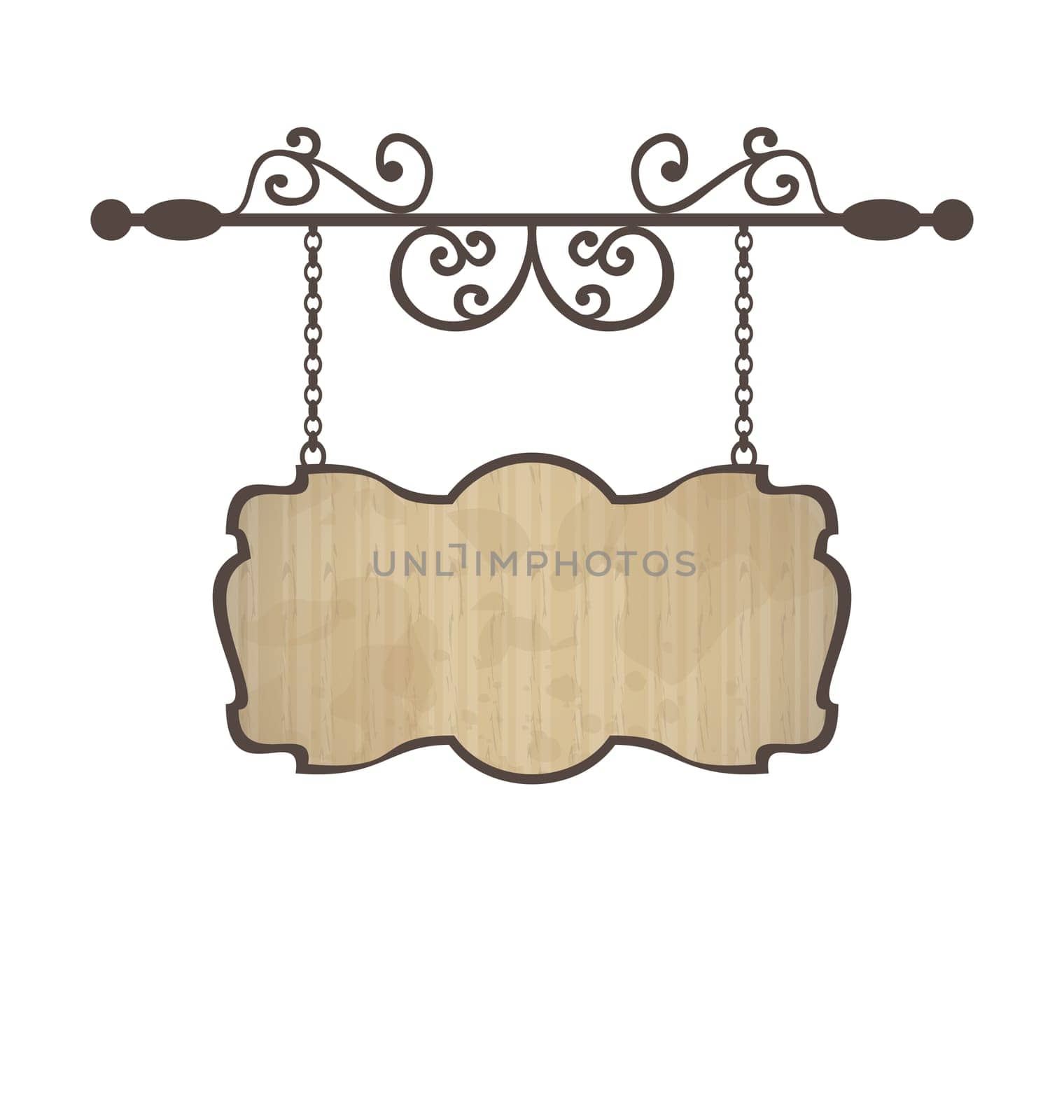 Illustration wooden sign with place for text, floral forging elements - vector