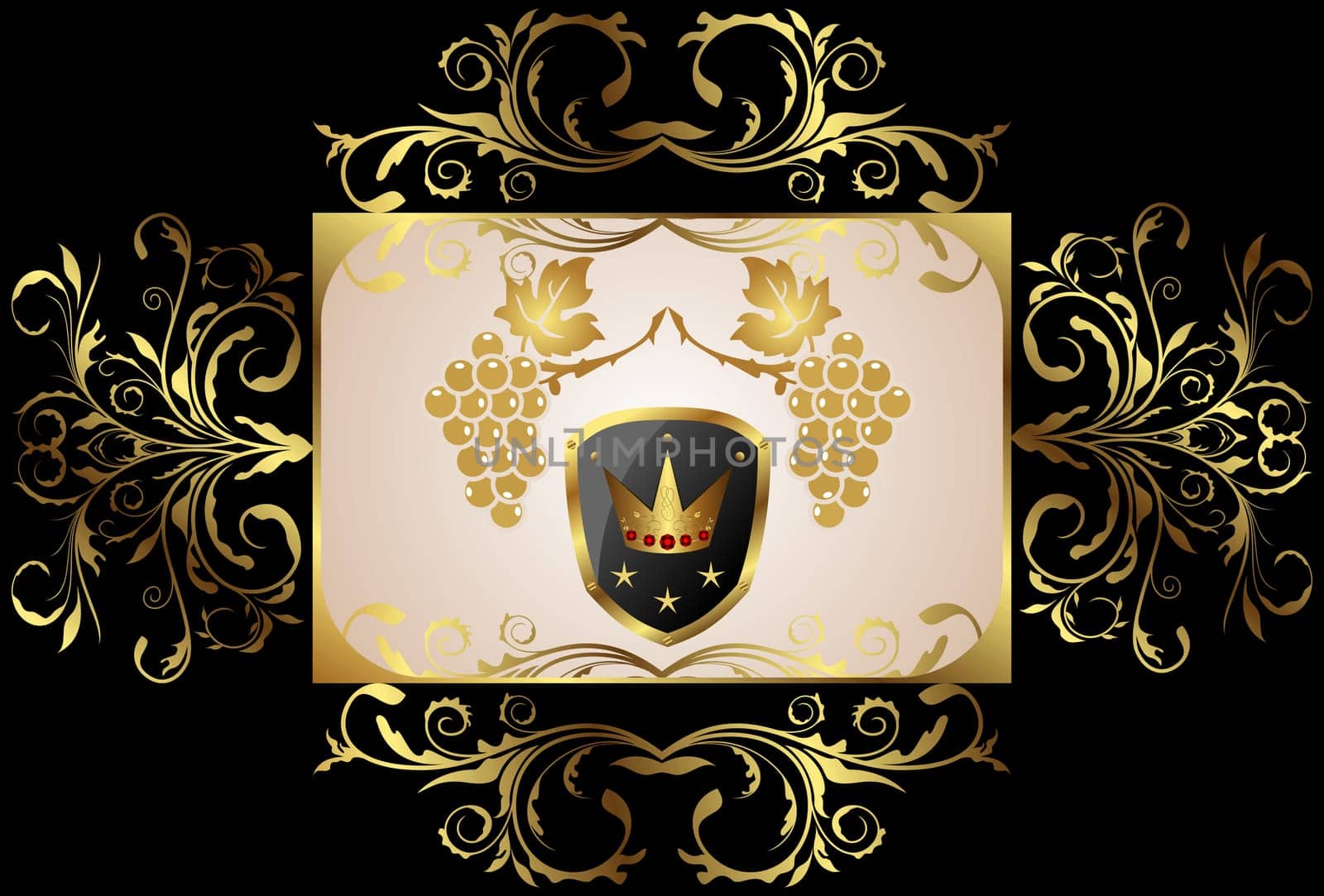 Illustration golden floral frame with grapevine, shield, crown - vector
