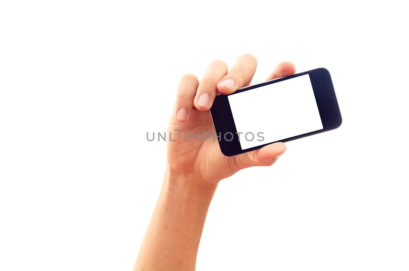 isolated hand holding smartphone or phone, two clipping path is in jpg, hand outline and the phone screen.