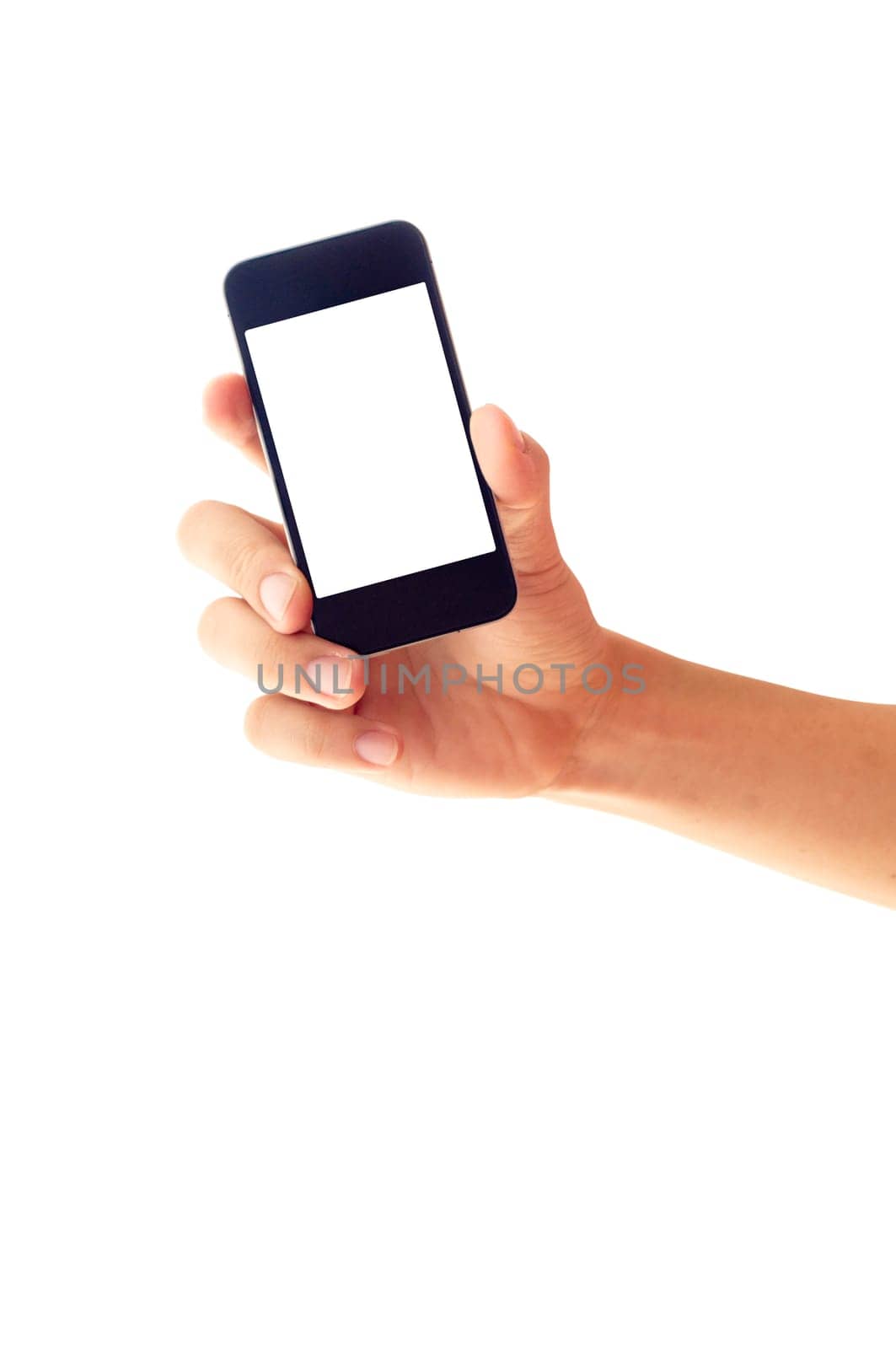 isolated hand holding smartphone or phone, two clipping path is in jpg, hand outline and the phone screen.