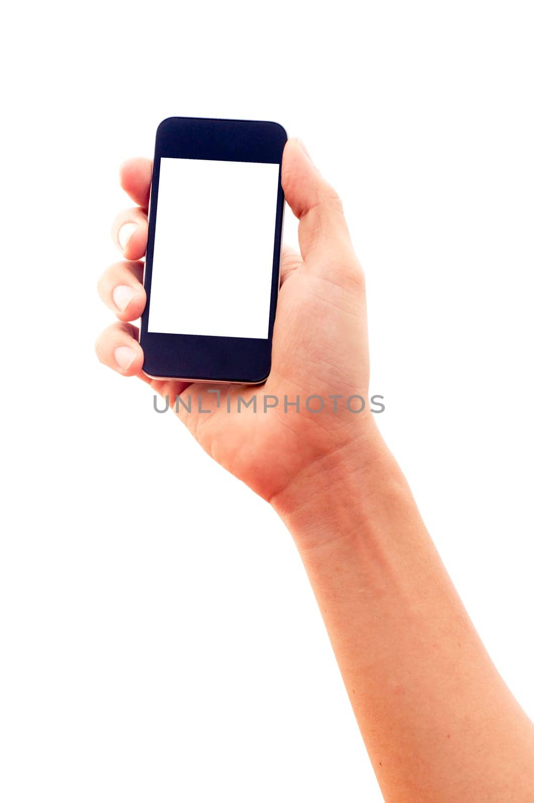 isolated hand holding smartphone or phone, two clipping path is in jpg, hand outline and the phone screen.