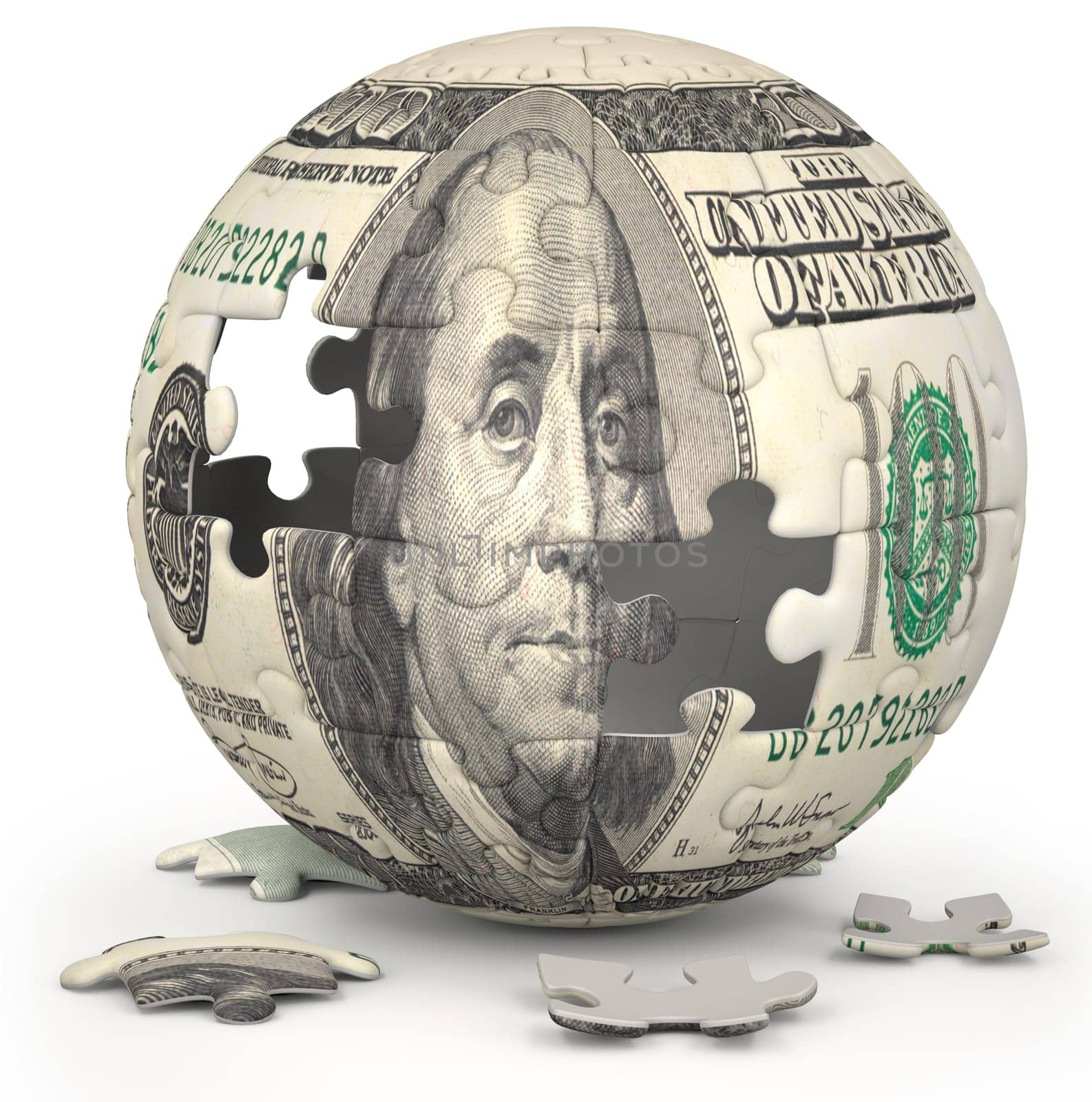 Photo of a jigsaw sphere image mapped with a 100 dollar bill on a white backdrop.