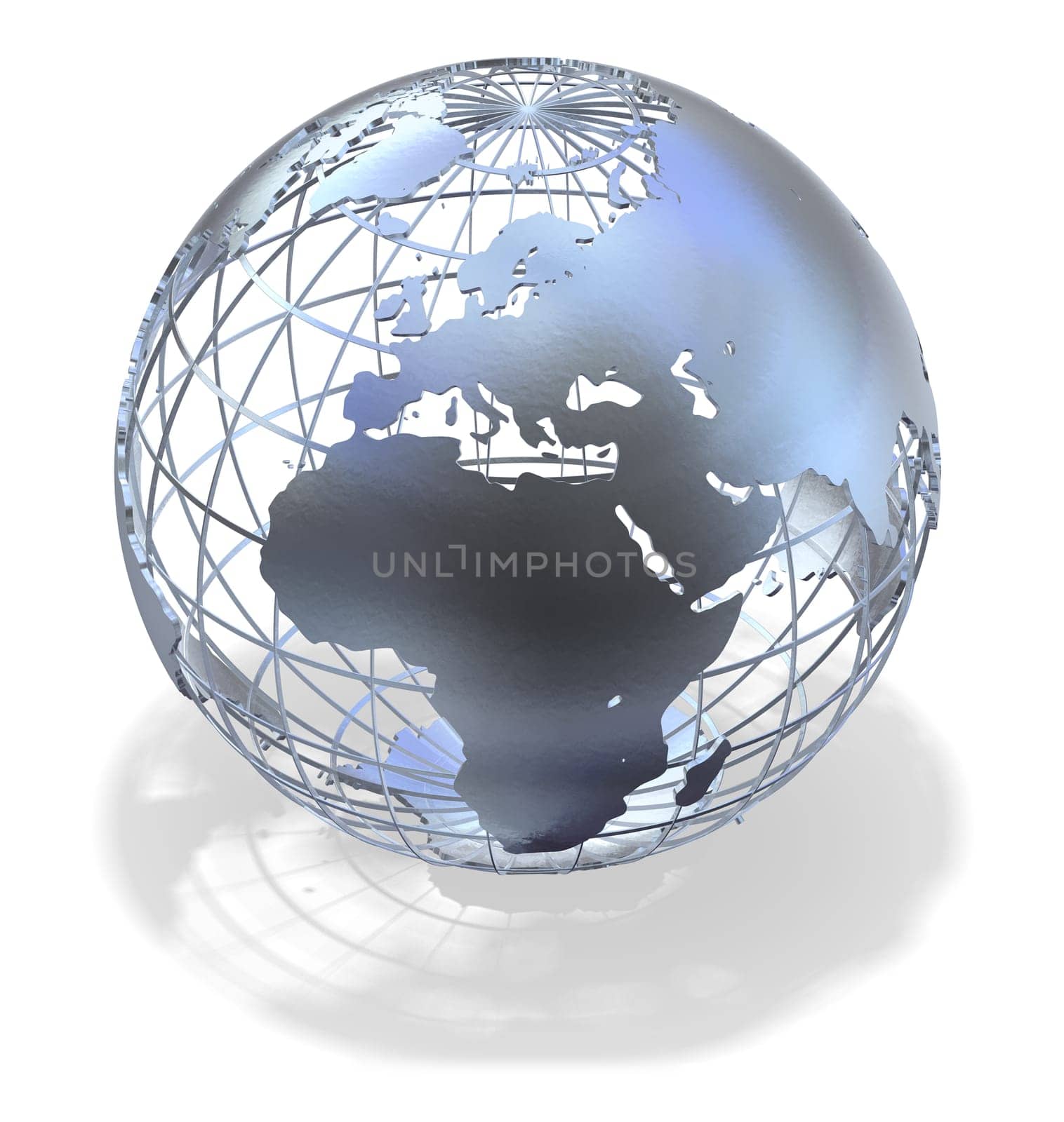 High quality 3D art showing a caged metallic structure of the earth casting a shadow over white.