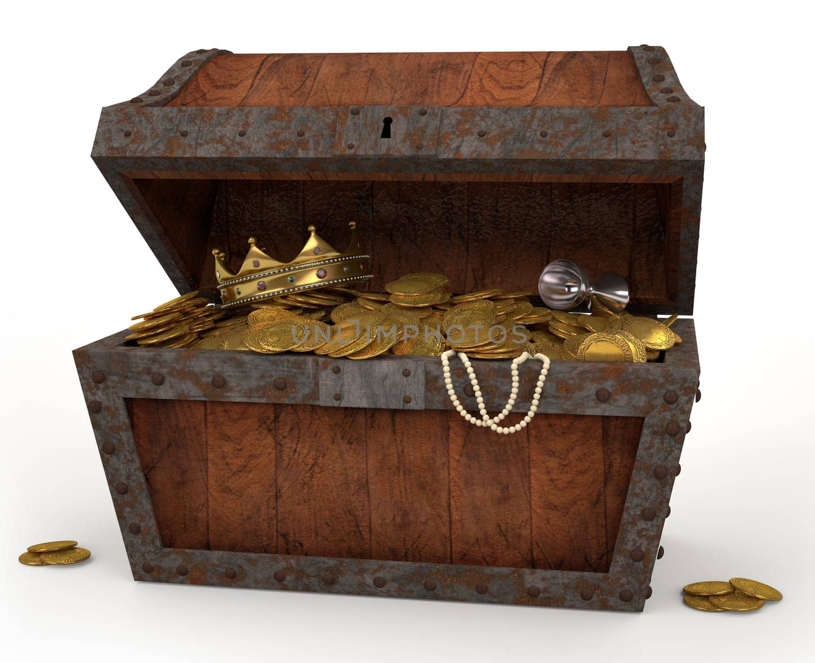 A photo of a pirates chest full of loot on a white background.
