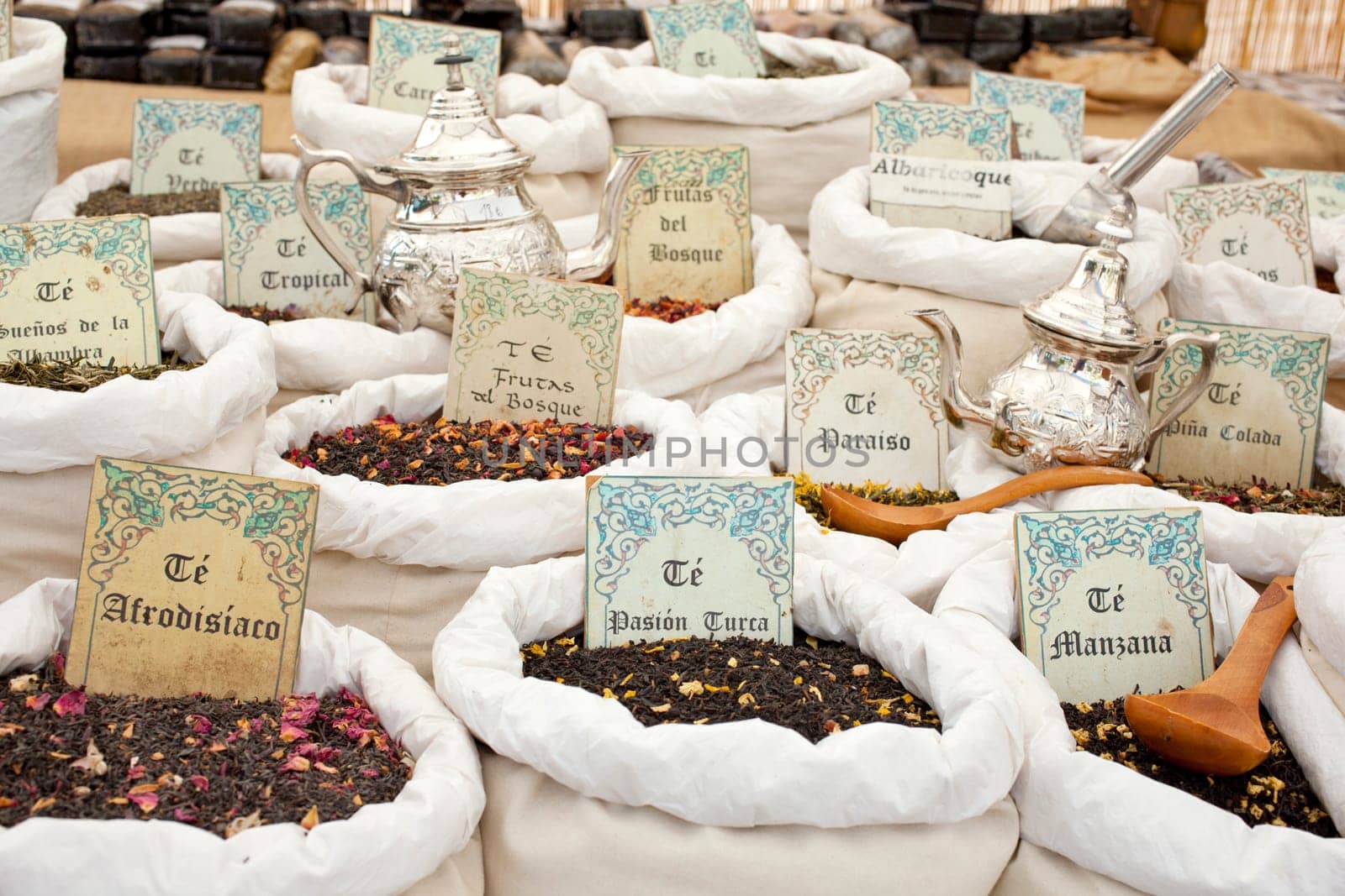 Tea and tea bags in the street market