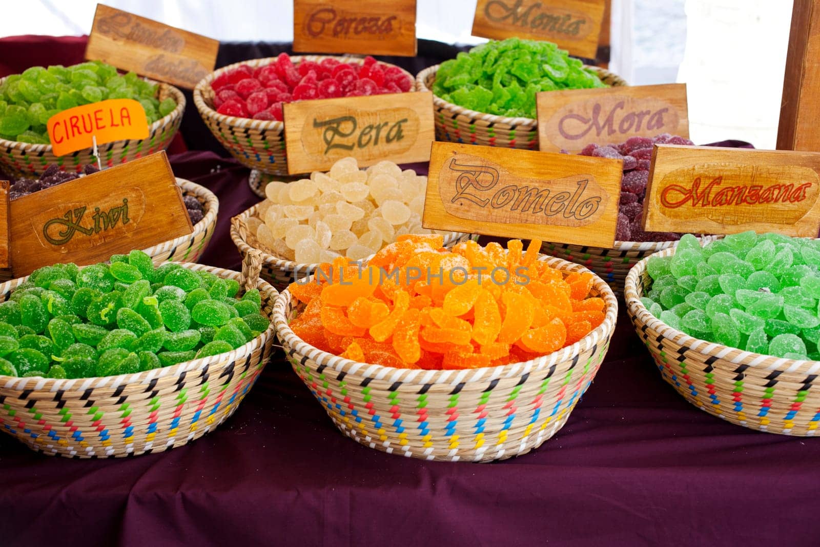 Photo of candies inside wicker baskets