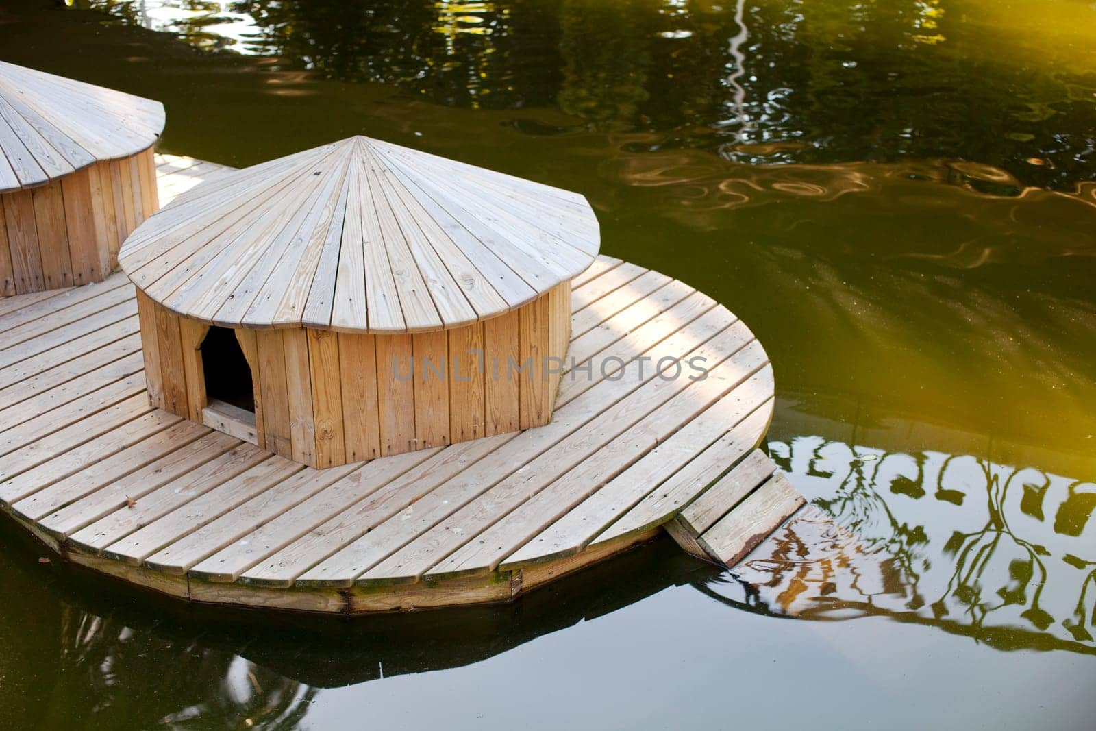 Wooden houseboats in the water