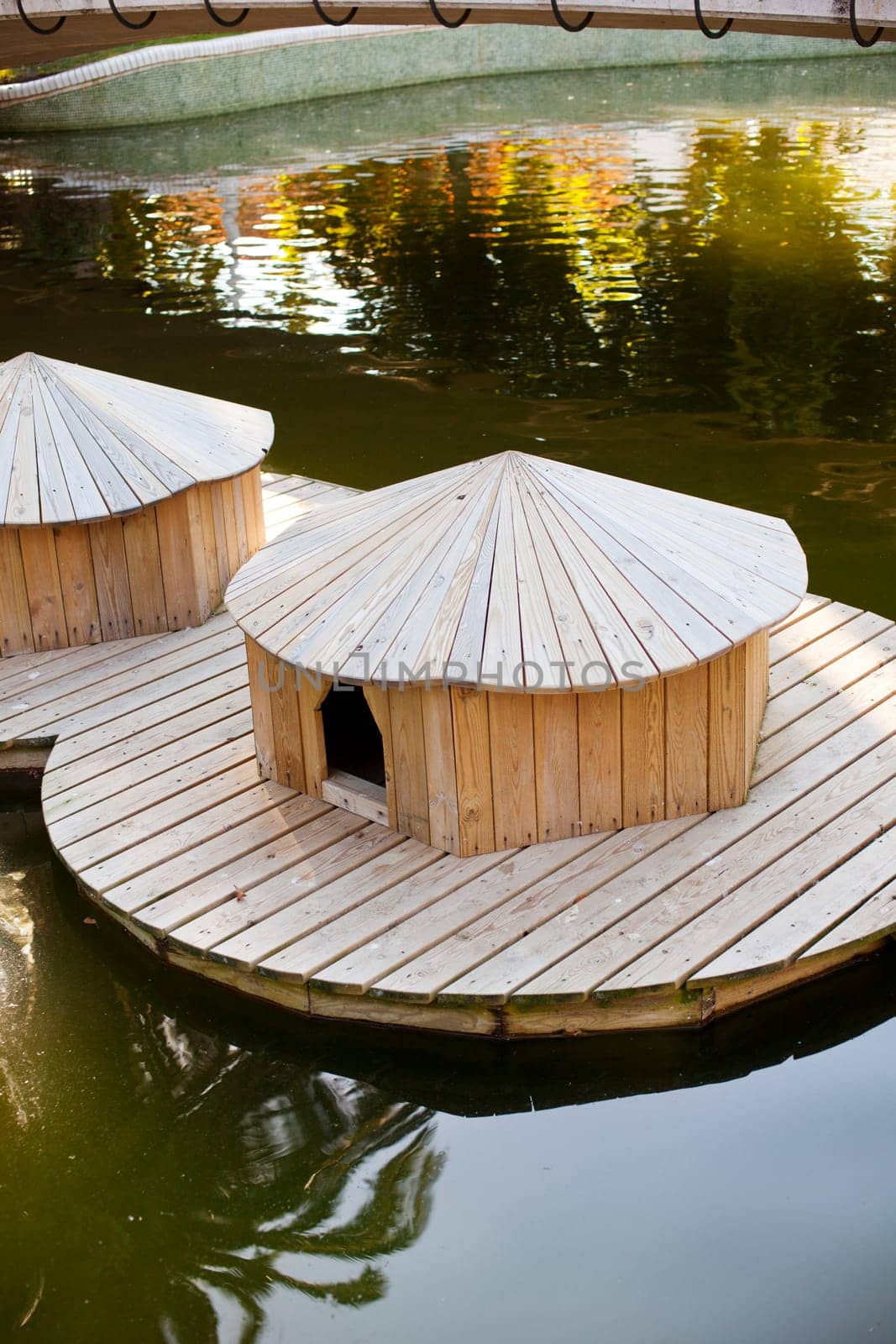 Wooden houseboats in the water