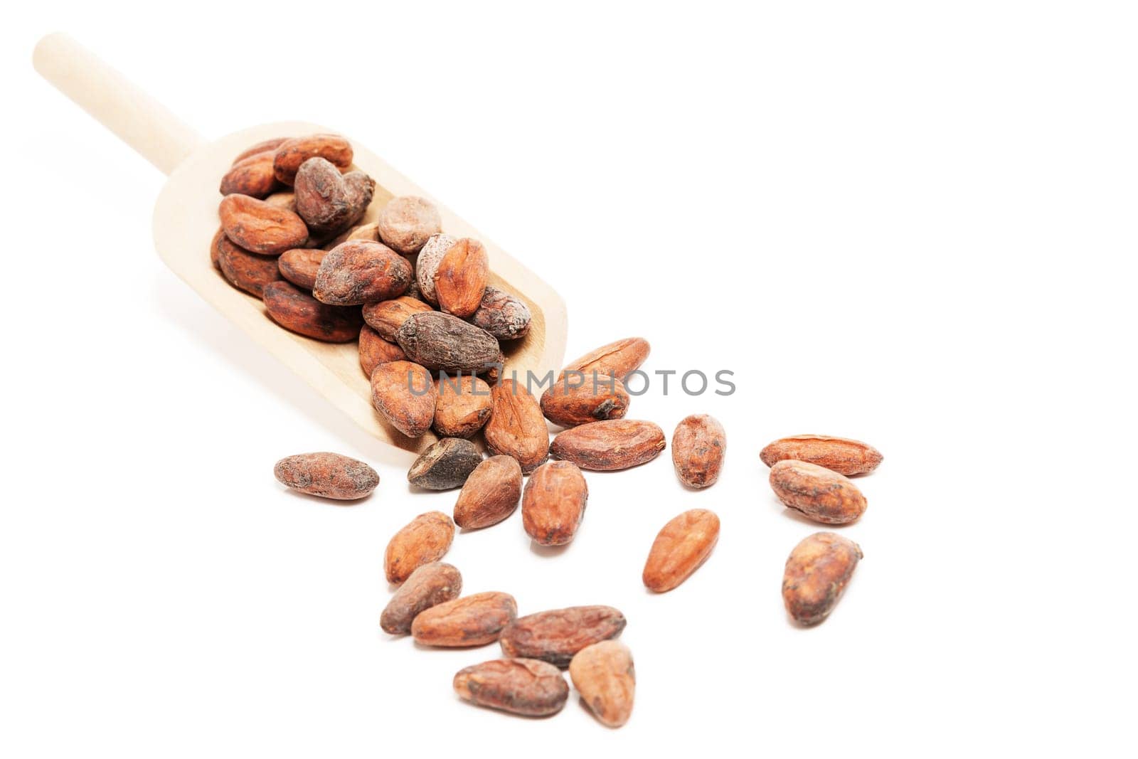 Raw chocolate beans with a wooden spoon on white background
