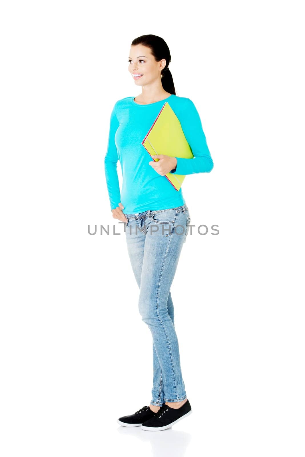 Happy student woman with notebook, isolated on white background