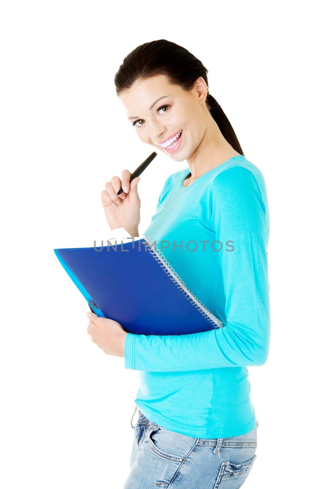 Happy student woman with notebook, isolated on white background