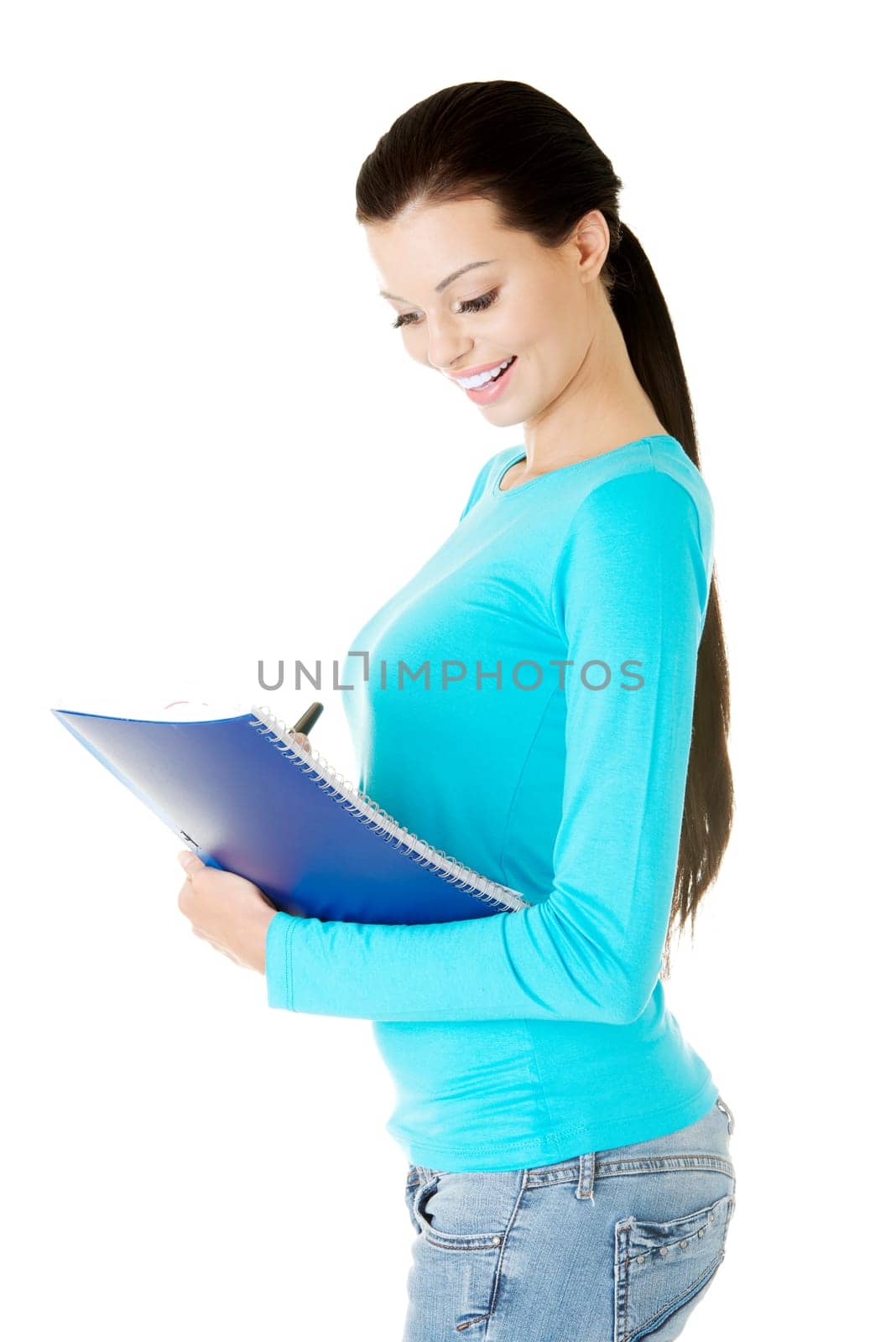Happy student woman with notebook, isolated on white background