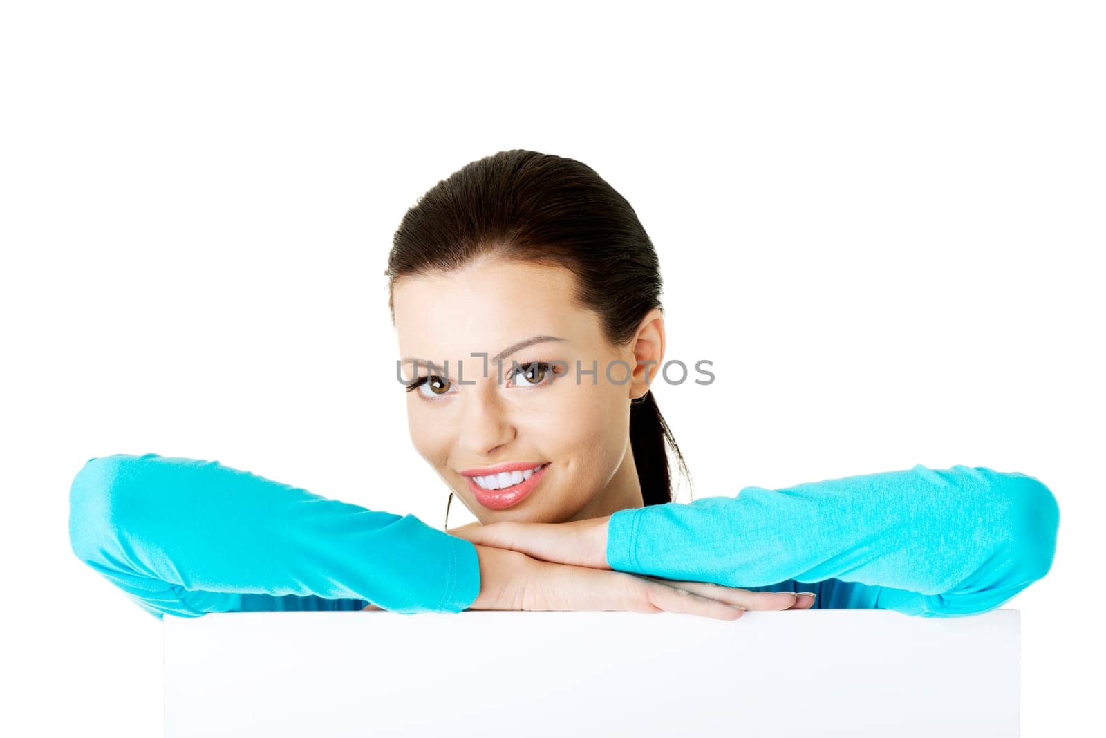 Portrait young happy woman with blank board , isolated on white