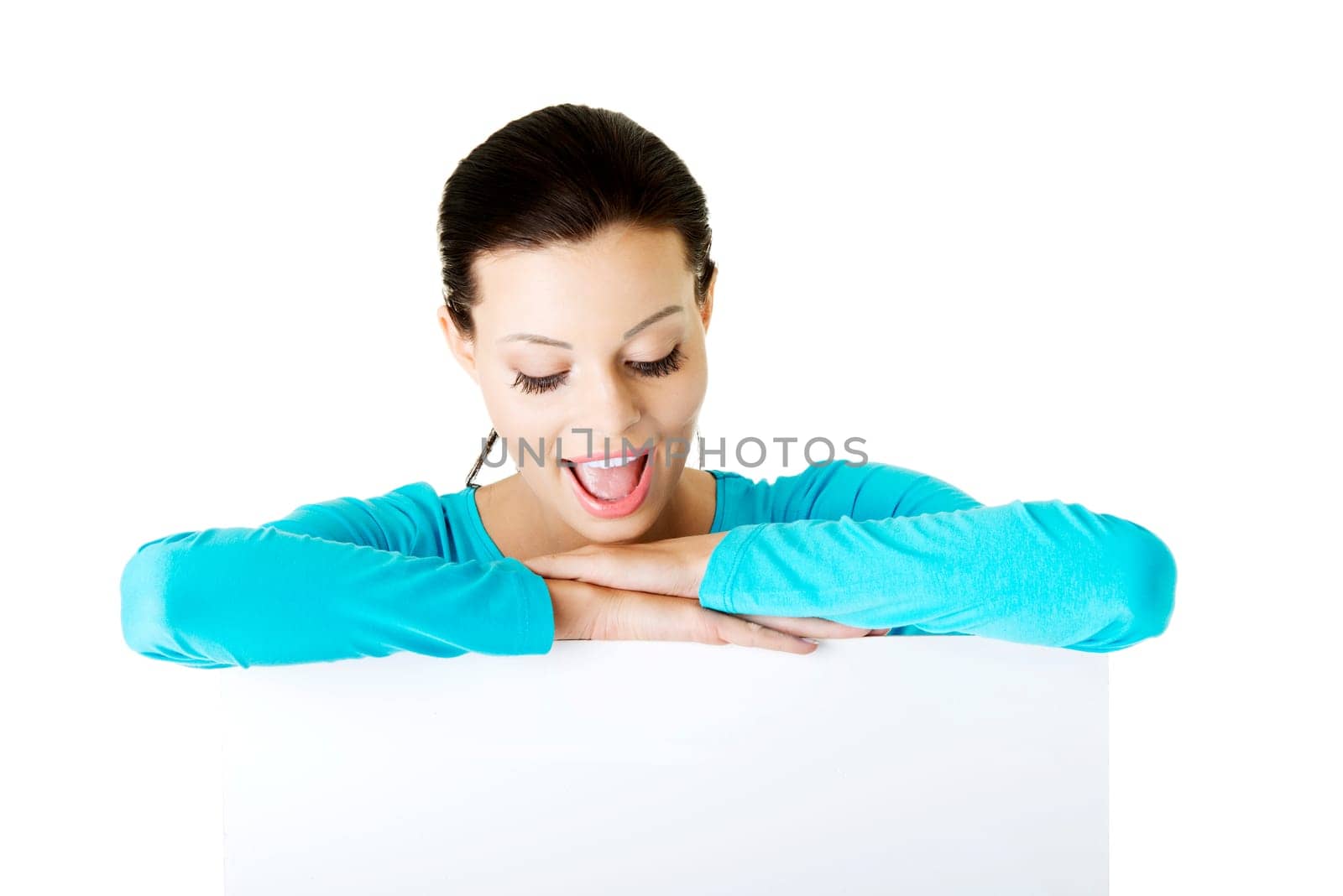 Portrait young happy woman with blank board , isolated on white