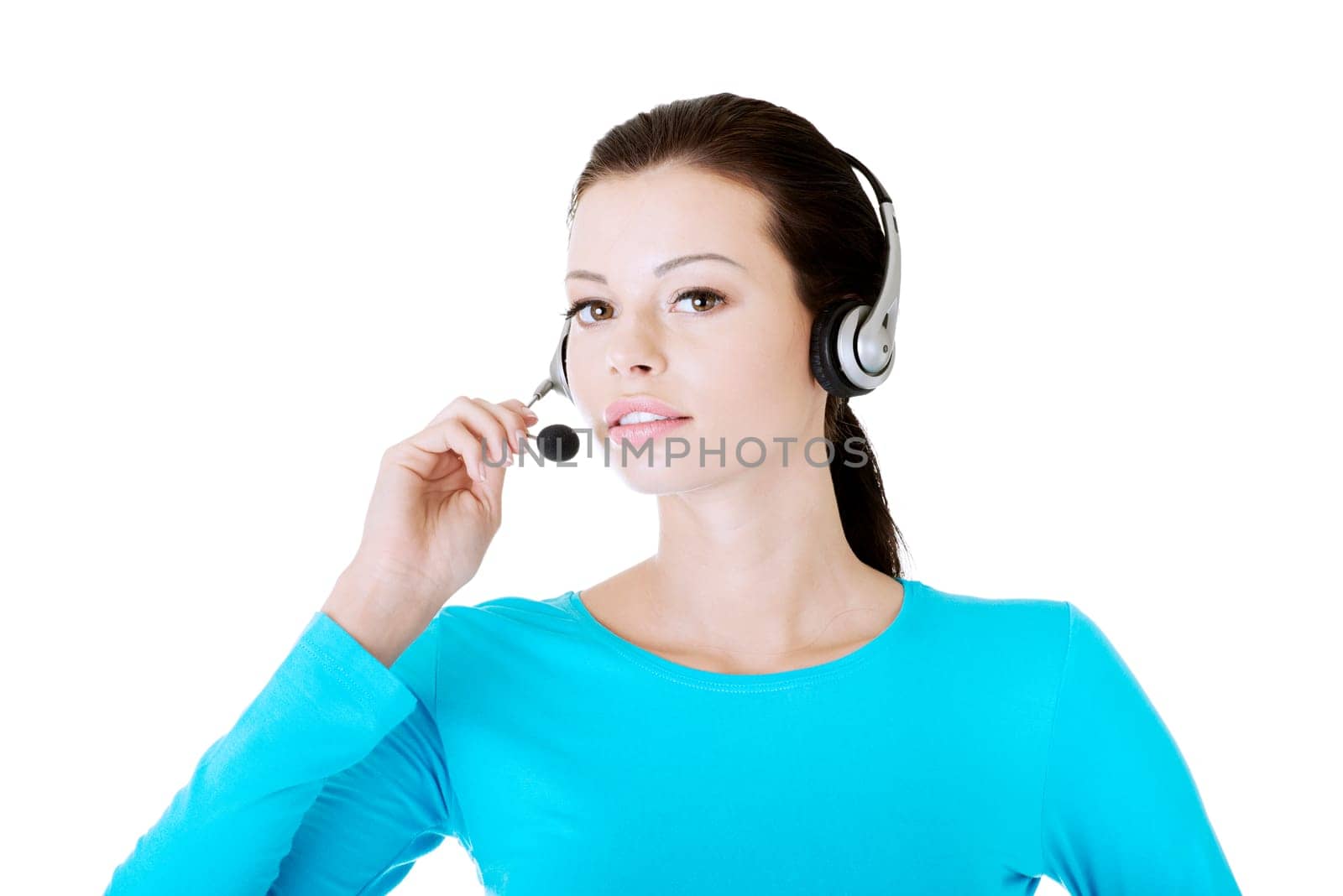 Beautiful young call-center assistant , isolated on white