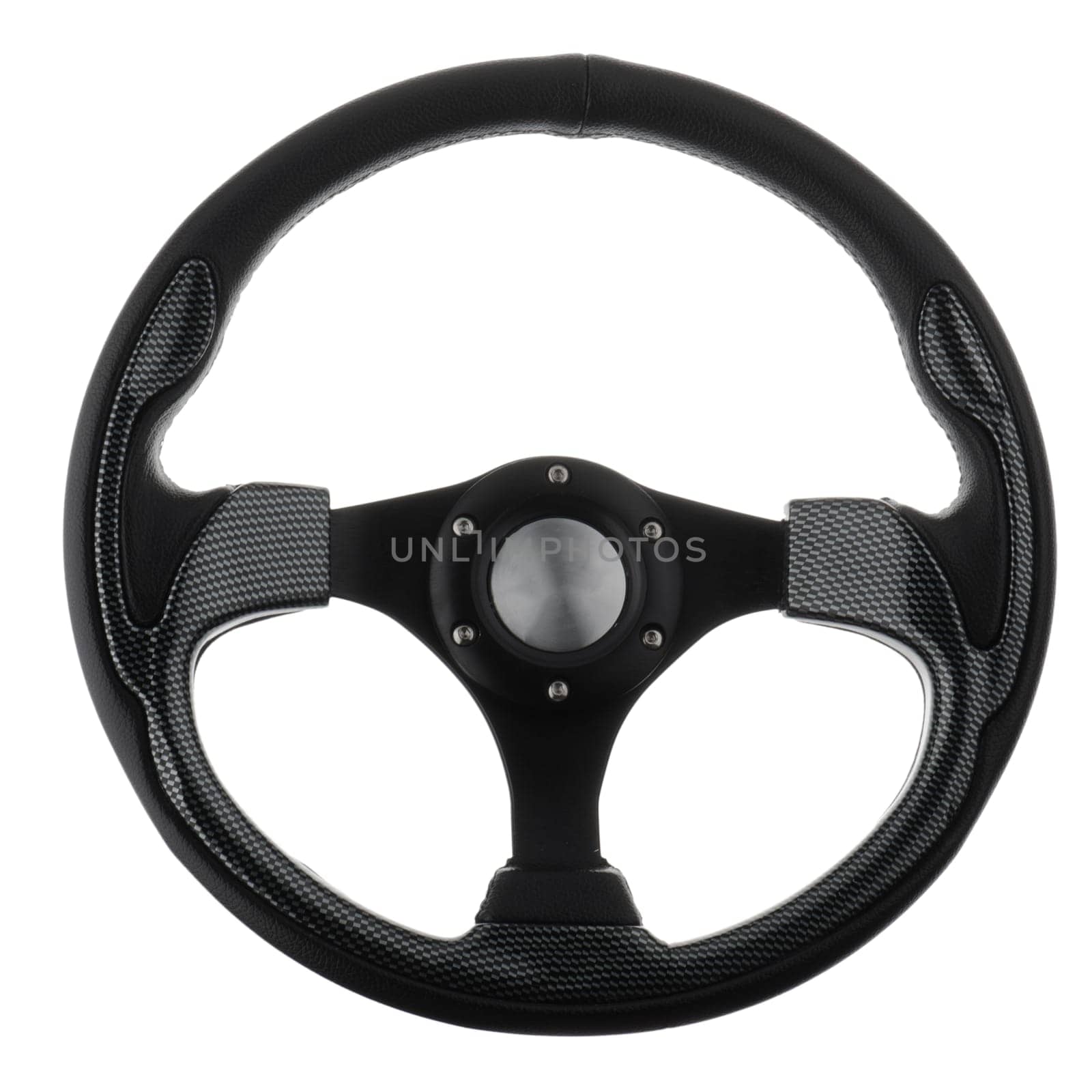 Black steering wheel isolated on withe background.