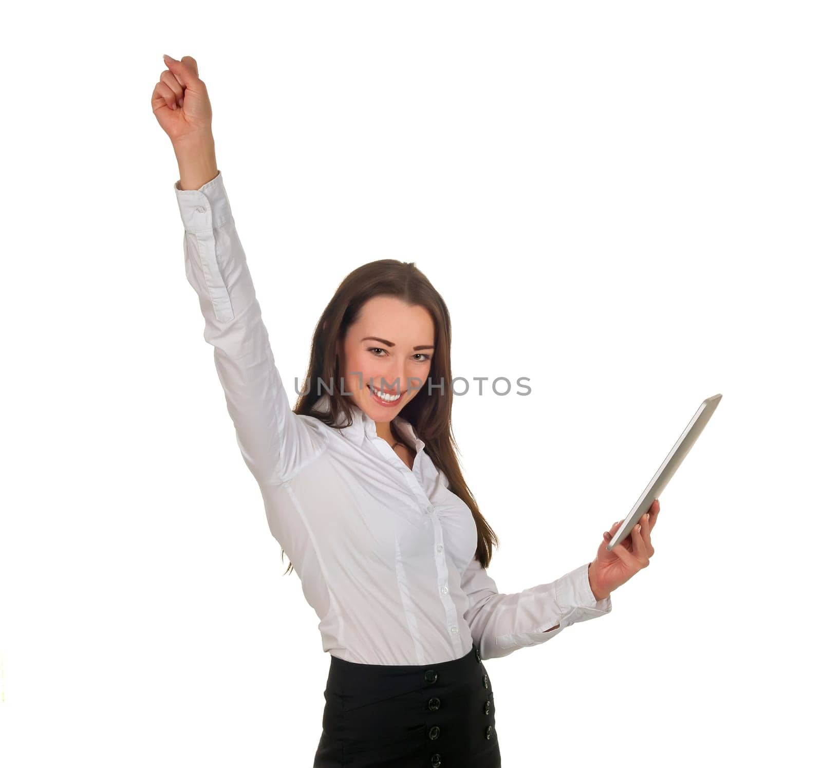 Businesswoman with tablet pc cheering