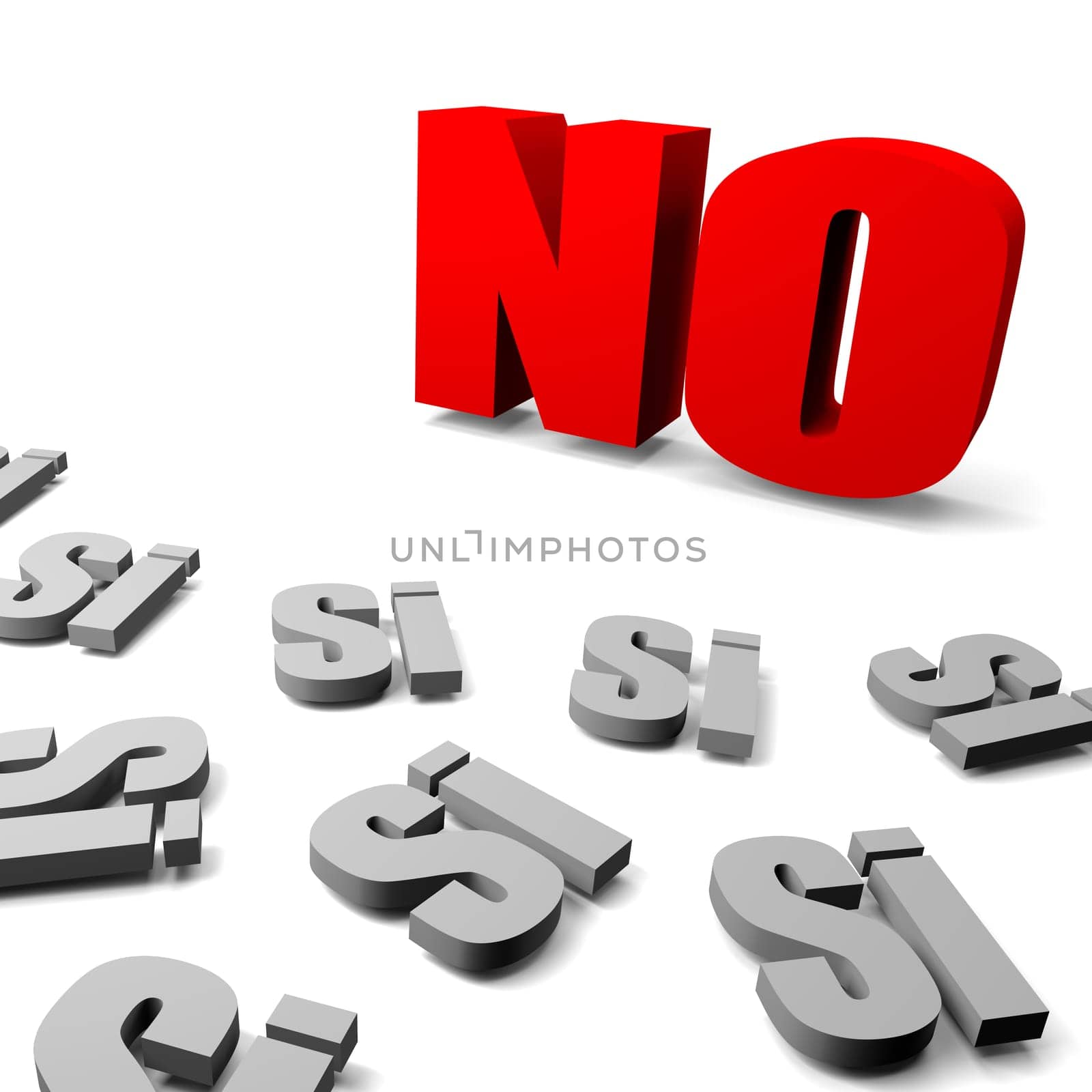 Red no between gray yes italian and spanish text, thinking different concept 3d illustration