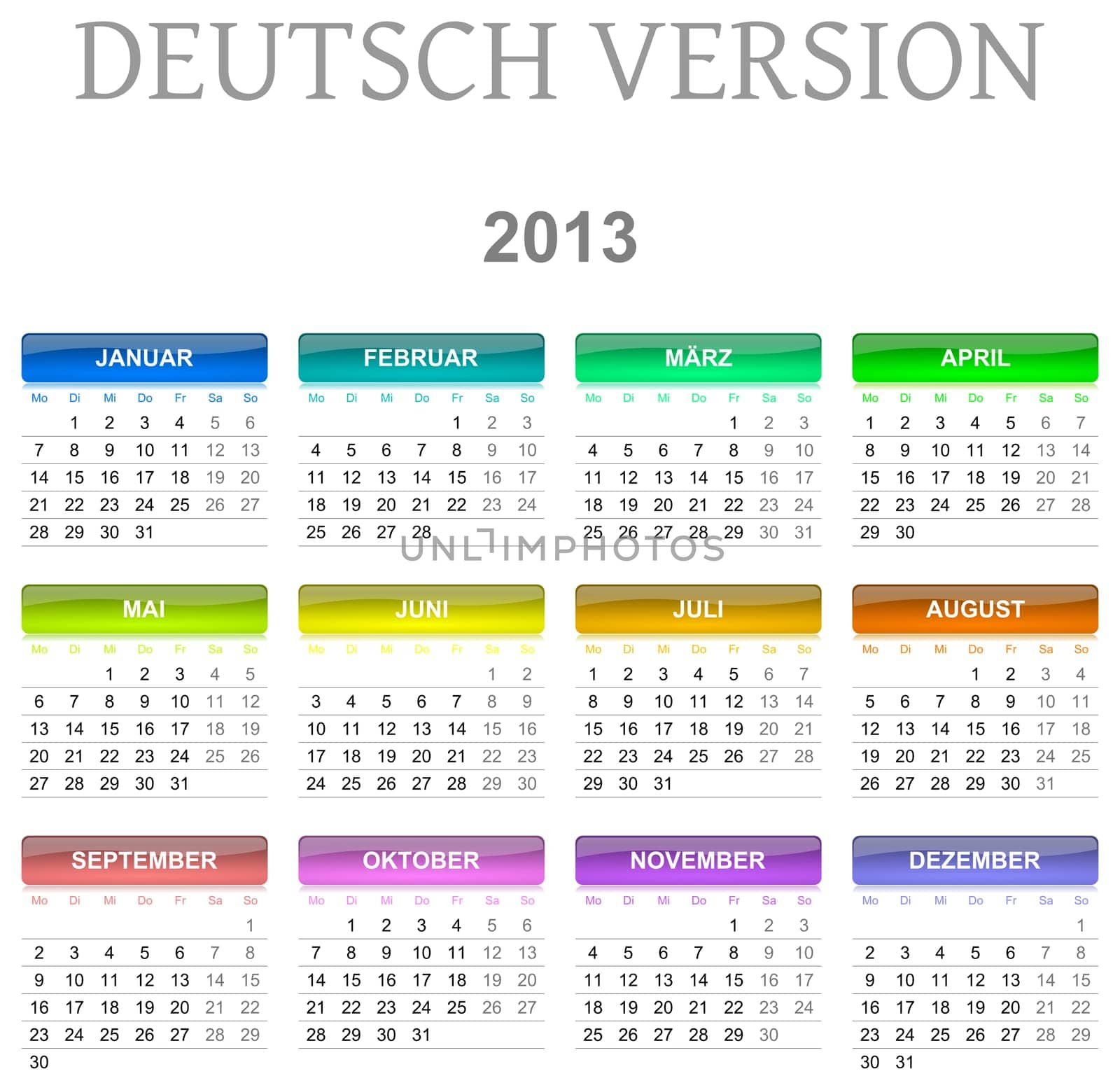 Colorful monday to sunday 2013 calendar deutsch version illustration