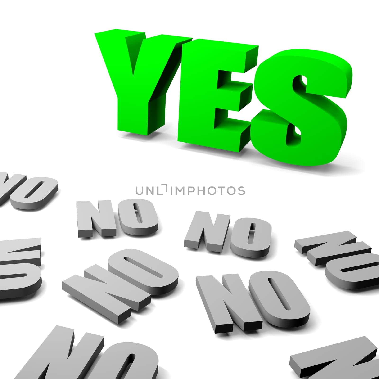 Green yes between gray no english text, thinking different concept 3d illustration