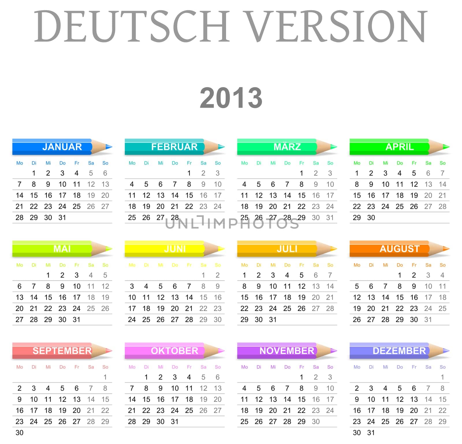 Colorful monday to sunday 2013 calendar with crayons deutsch version illustration