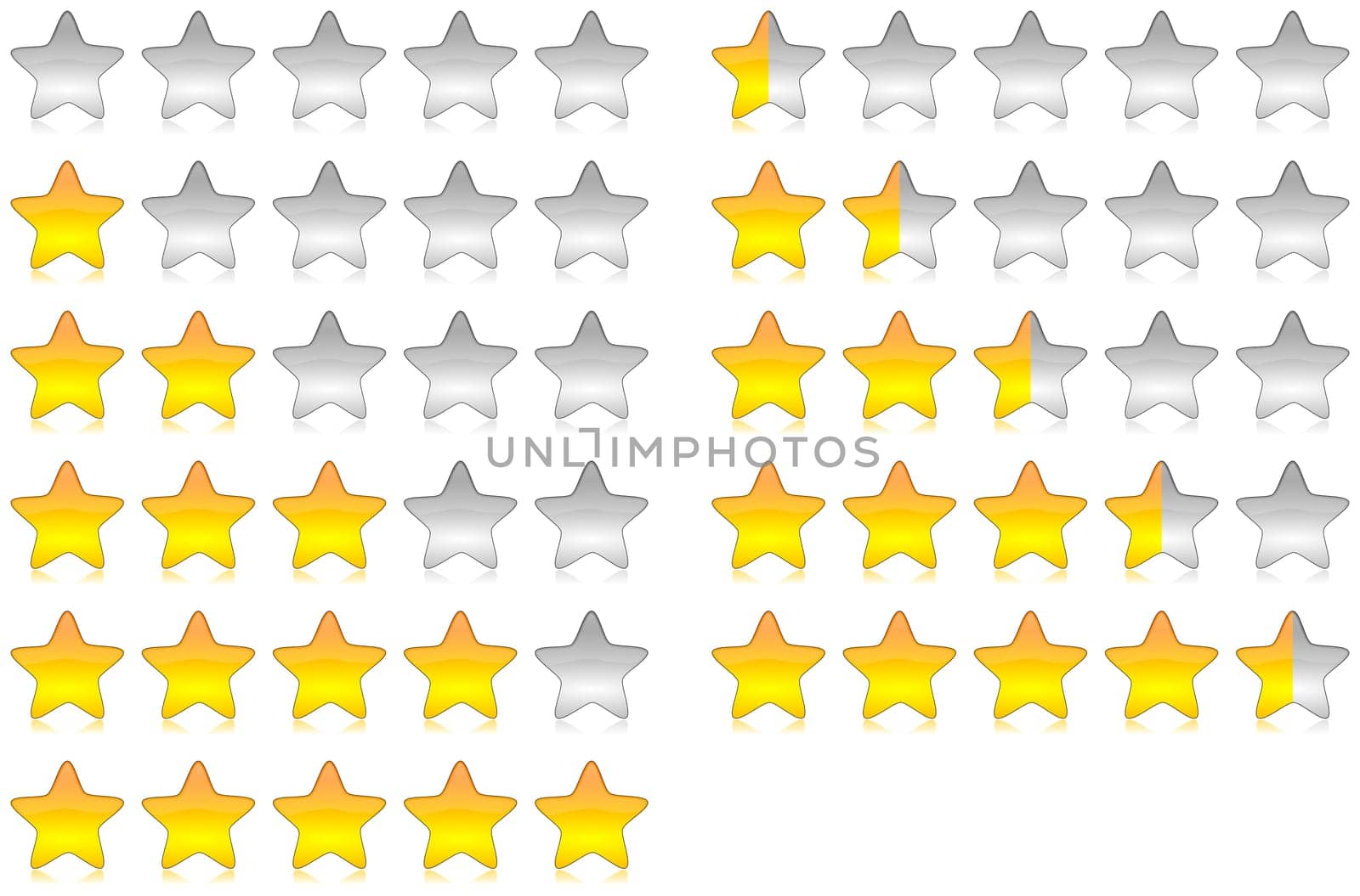 Yellow brilliant and glossy rating stars set illustration with reflection