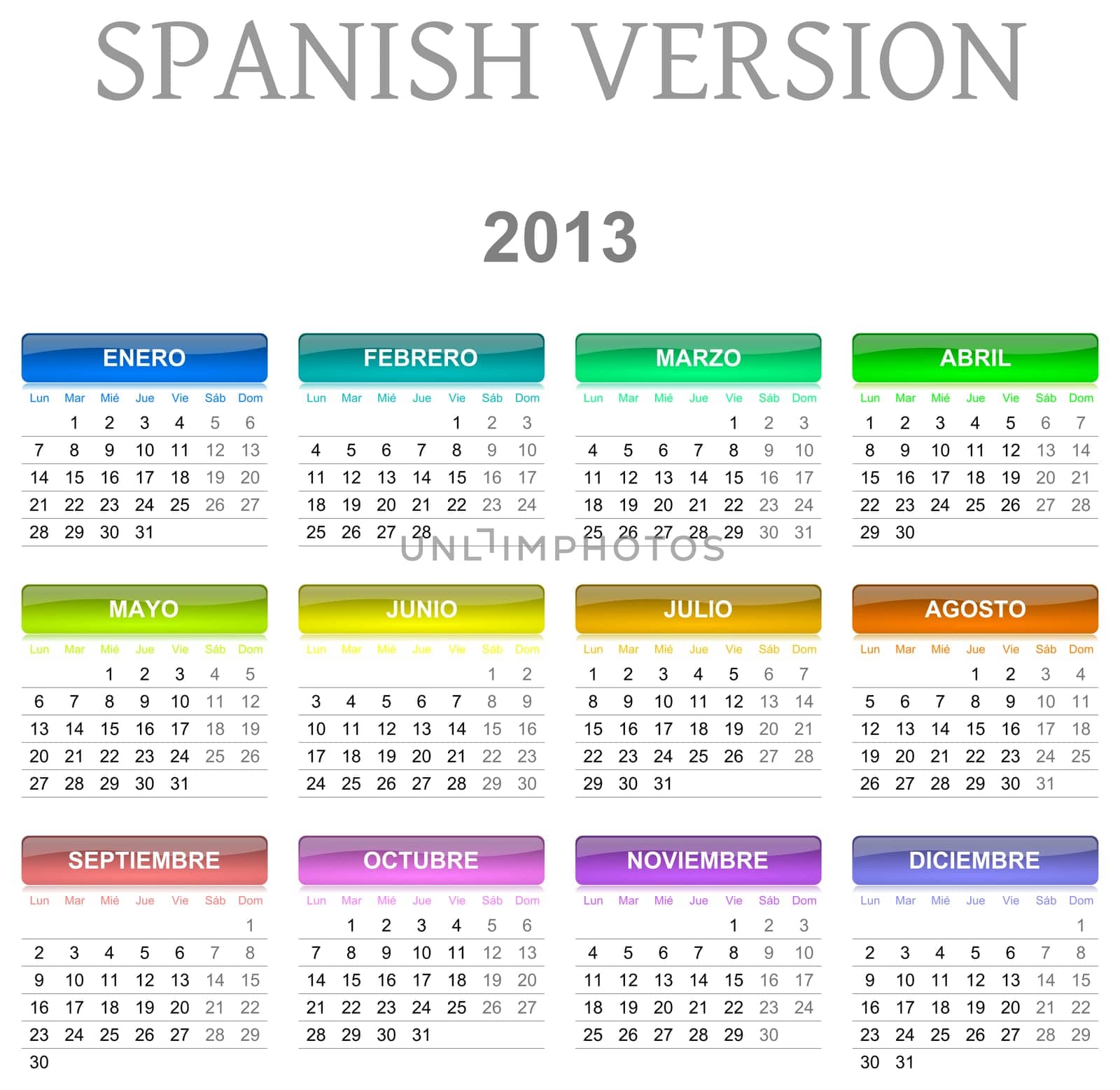 Colorful monday to sunday 2013 calendar spanish version illustration