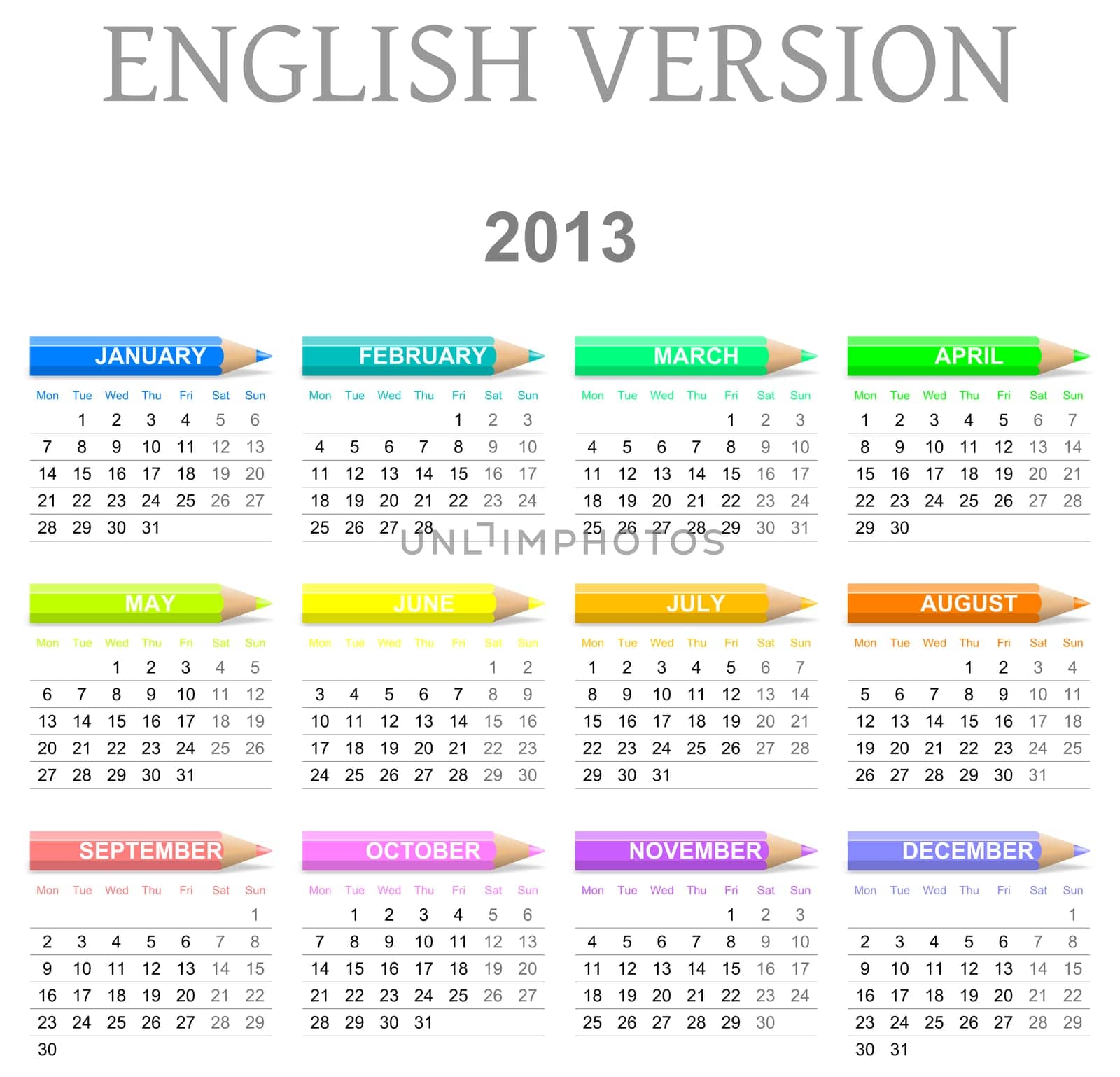 Colorful monday to sunday 2013 calendar with crayons english version illustration
