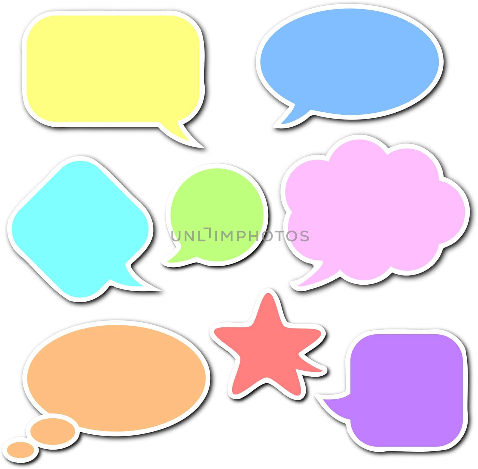 Colorful, empty and blank comic speech bubbles stickers set with white border and shadow on white background