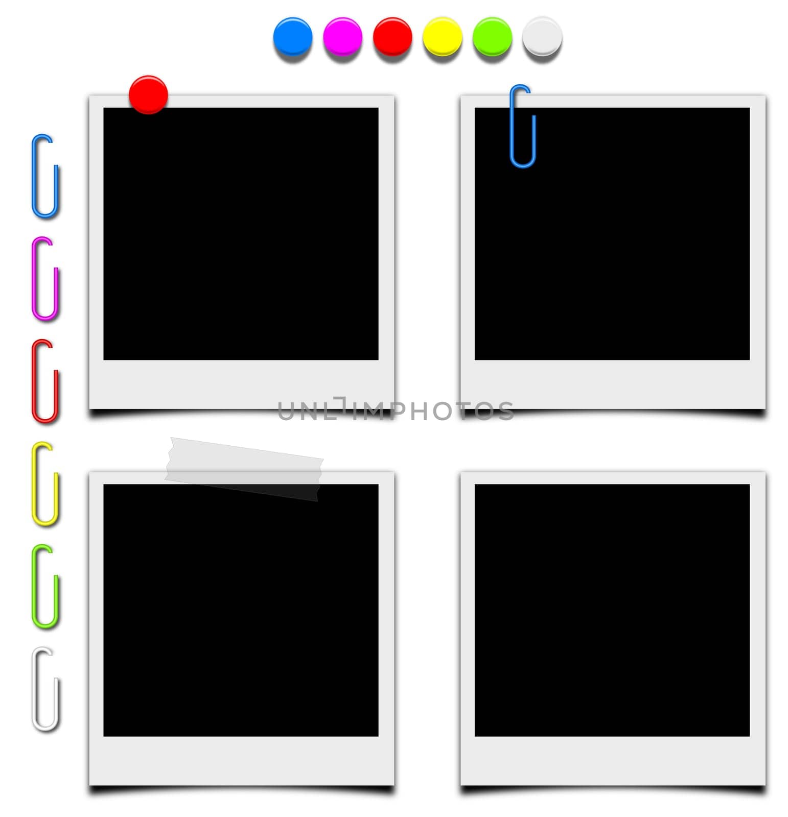 Empty blank picture frame Polaroid style with color pushpin nail clip scotch series