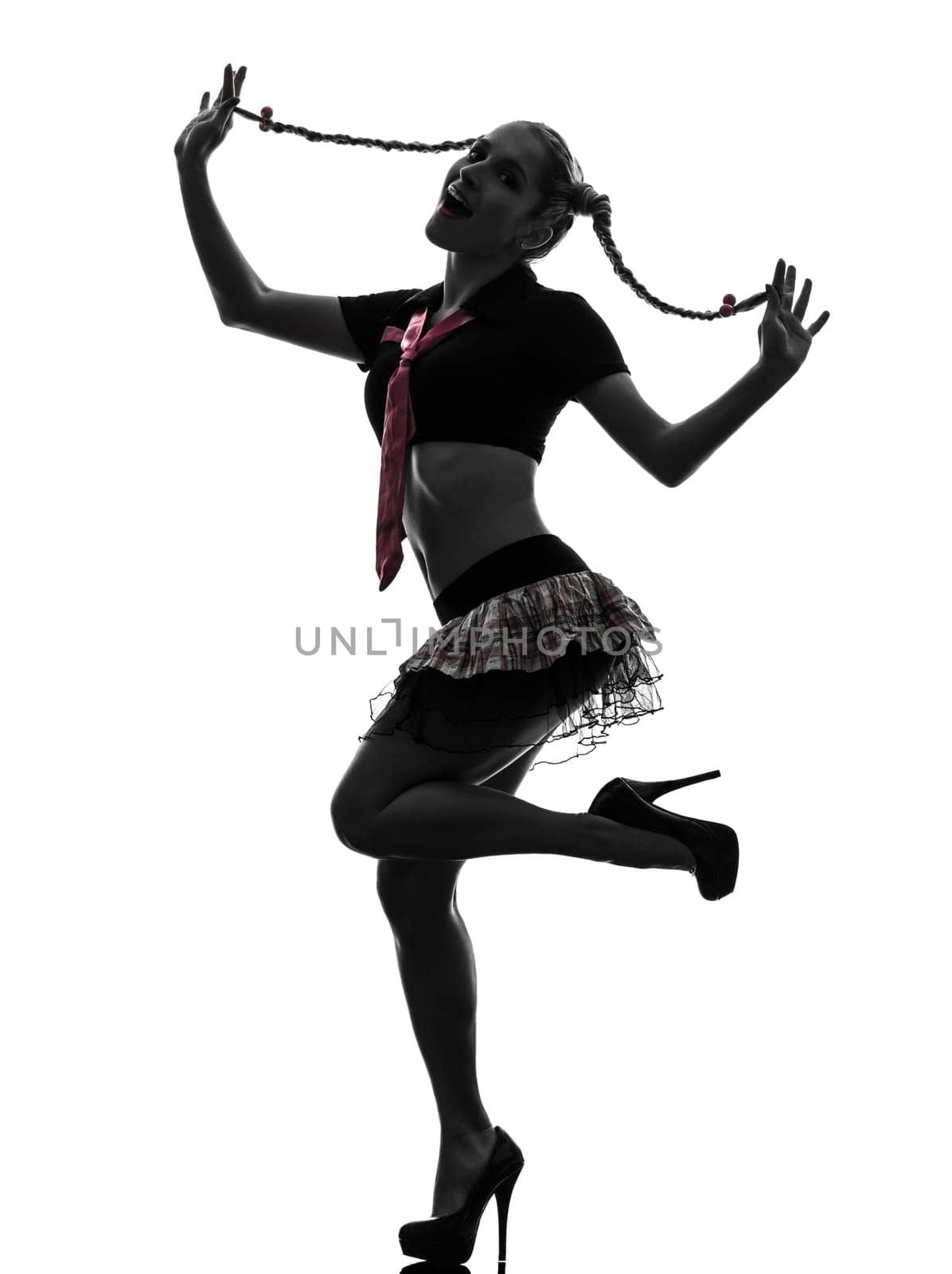 one caucasian sexy woman school student costume  portrait  in silhouette studio isolated on white background
