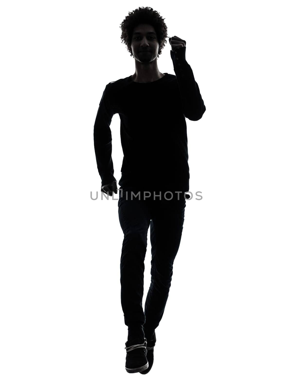 one african handsome young man running  in silhouette studio isolated on white background