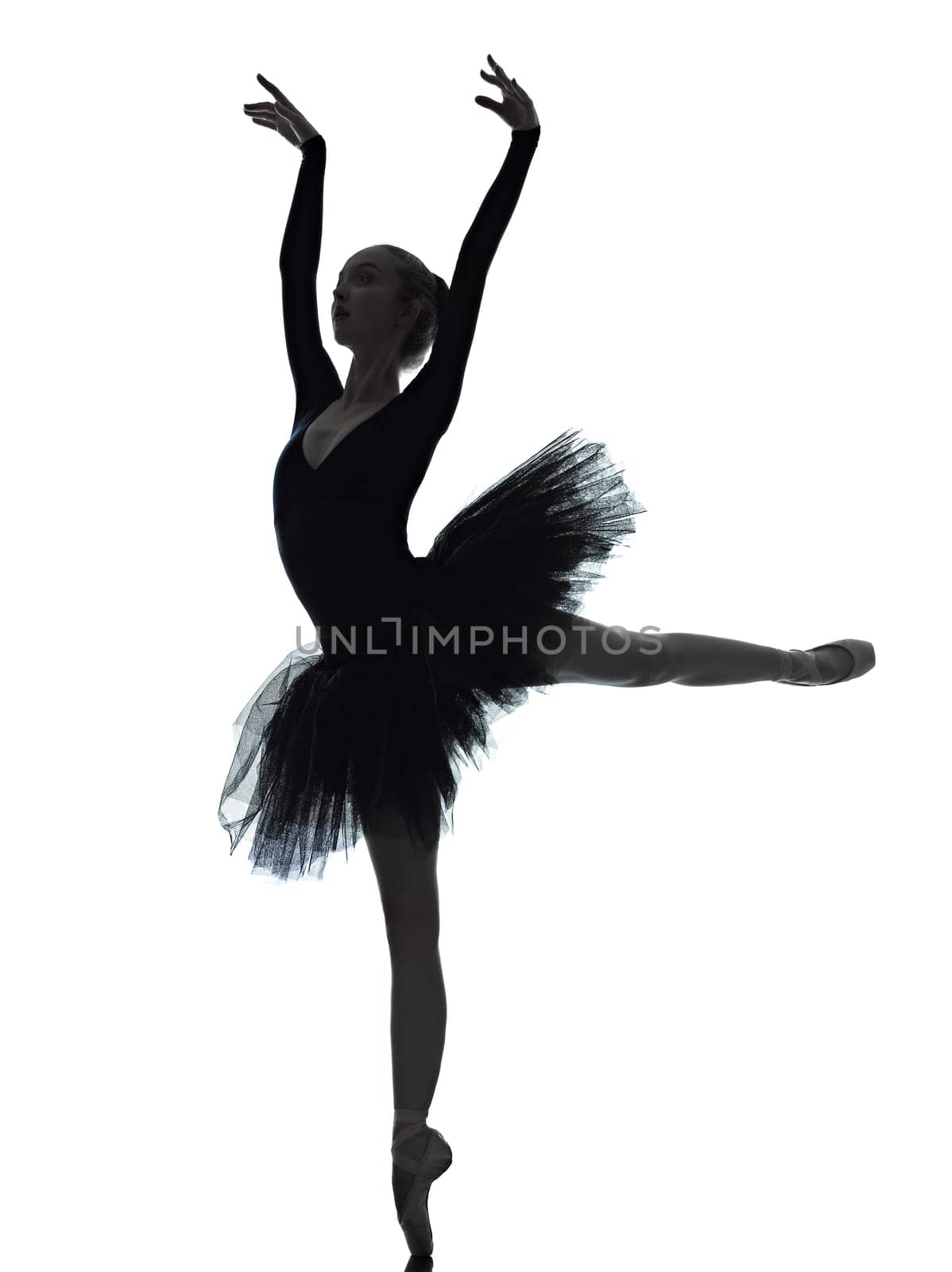 one caucasian young woman ballerina ballet dancer dancing with tutu in silhouette studio on white background