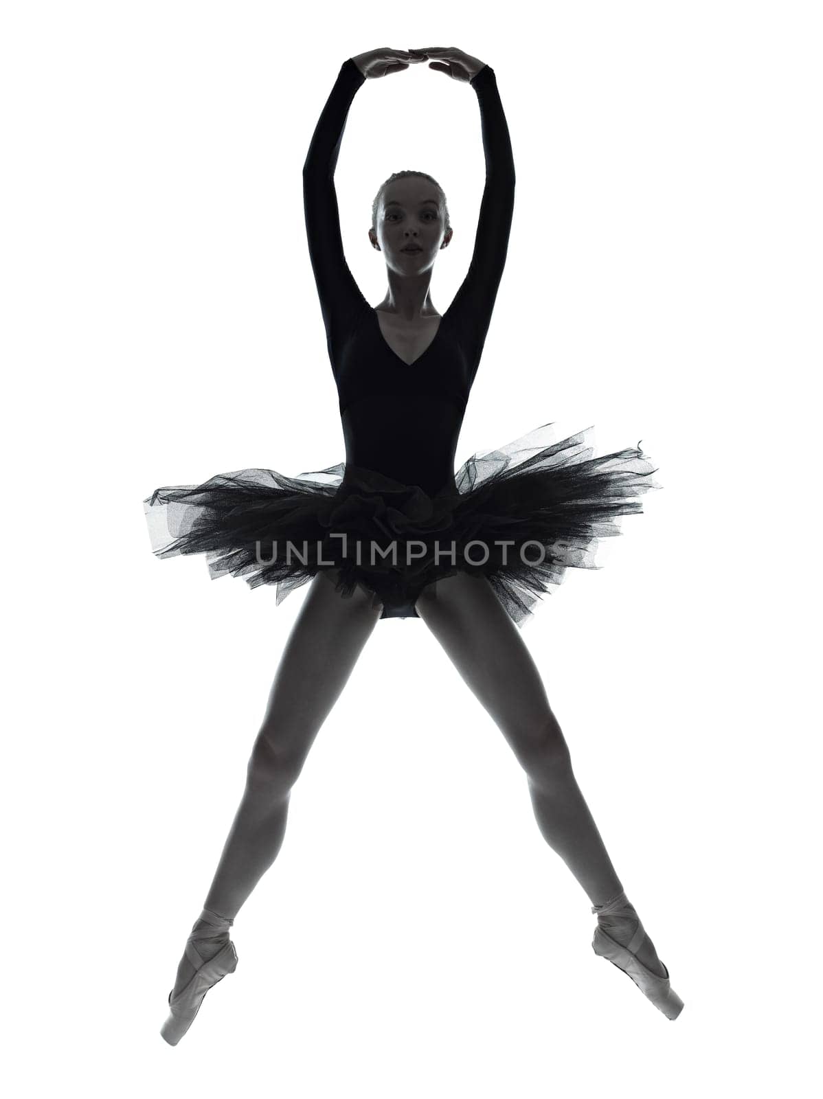 one caucasian young woman ballerina ballet dancer dancing with tutu in silhouette studio on white background