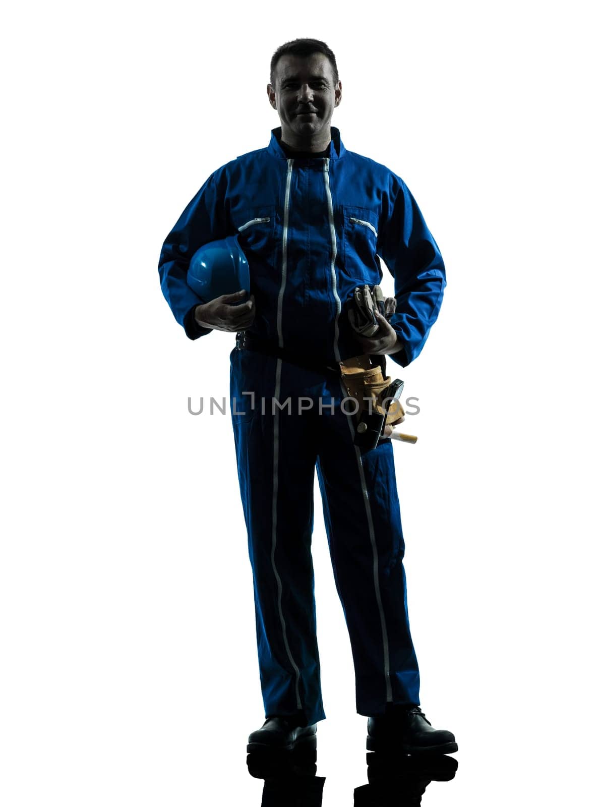 one caucasian repairman worker silhouette in studio on white background