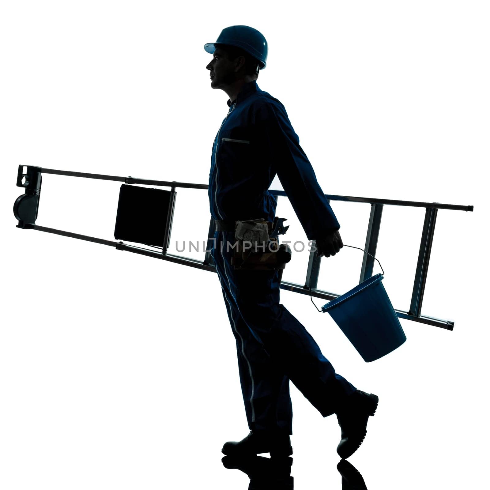 one caucasian repairman worker ladder walking silhouette in studio on white background