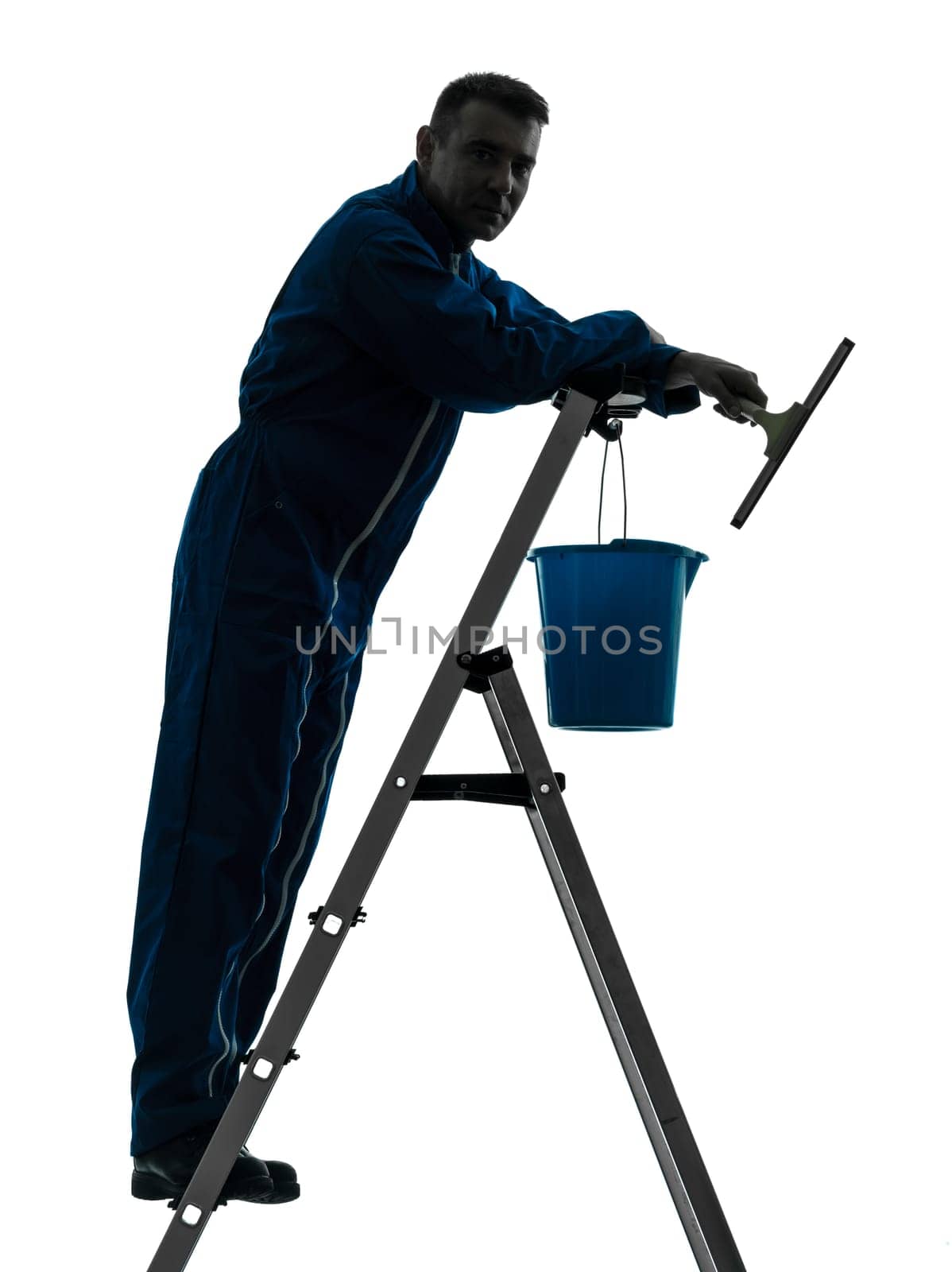 one caucasian man house worker janitor cleaning window cleaner silhouette in studio on white background