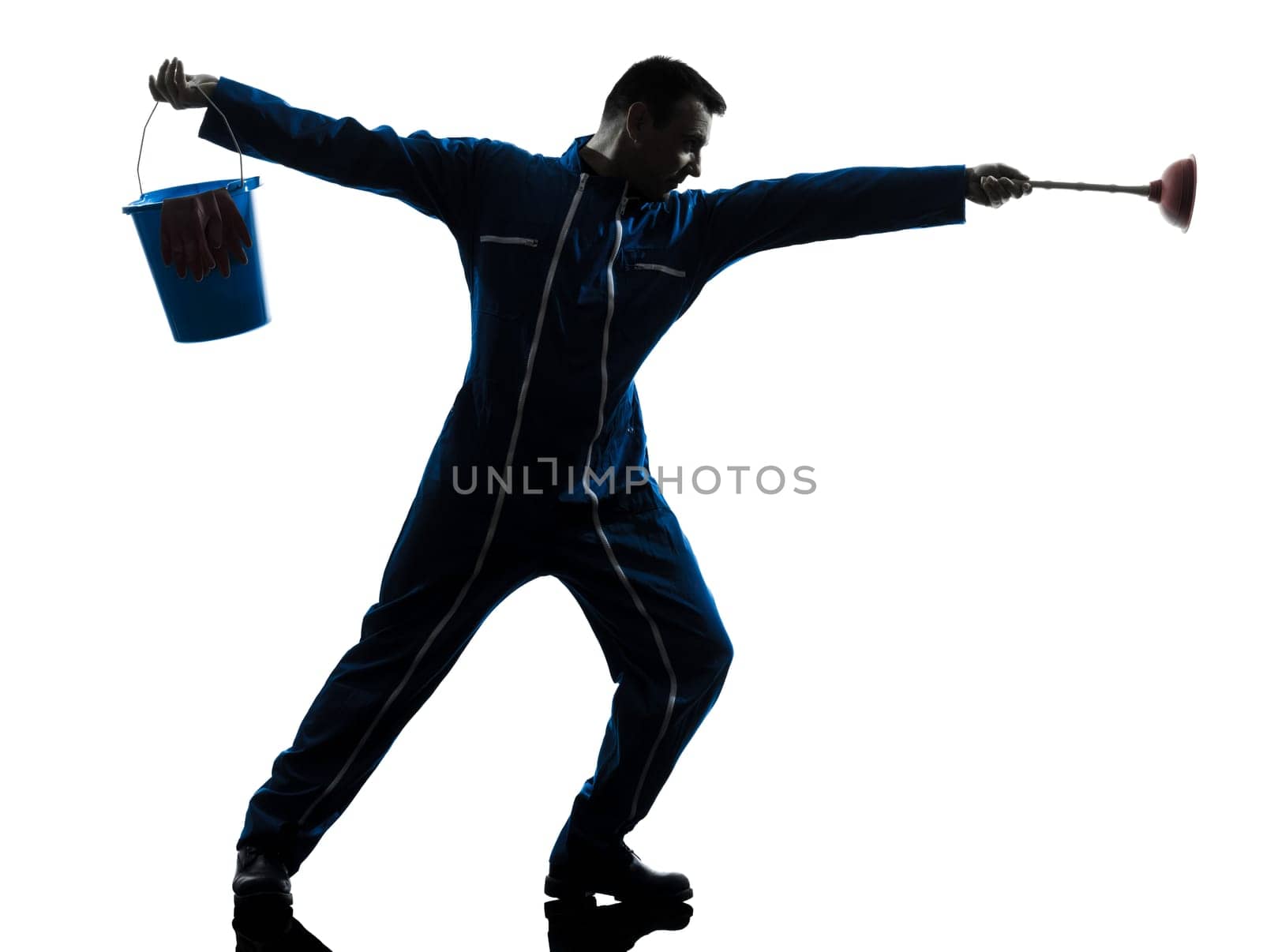 one caucasian janitor cleaner cleaning silhouette in studio on white background