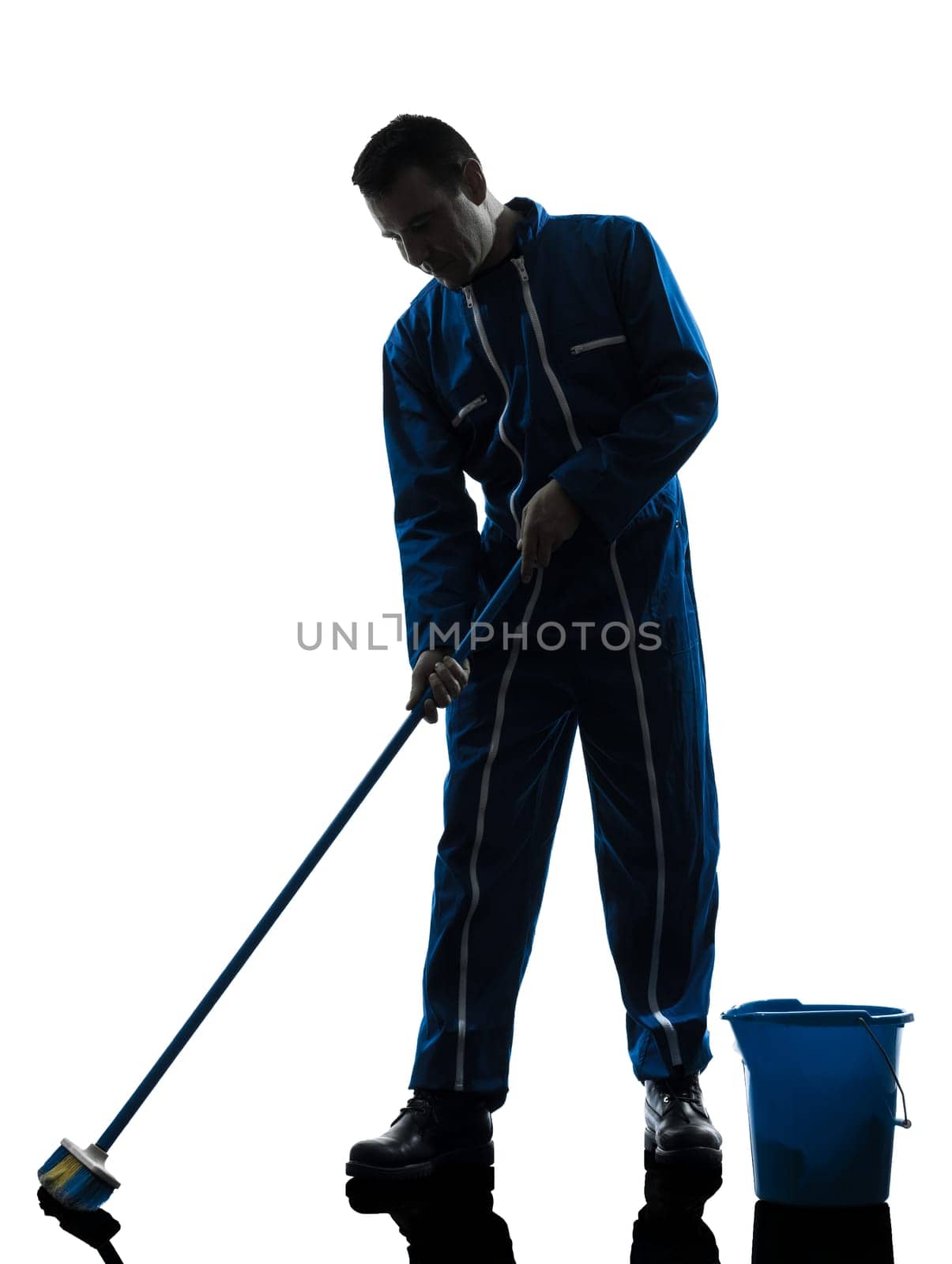 one caucasian janitor cleaner cleaning silhouette in studio on white background