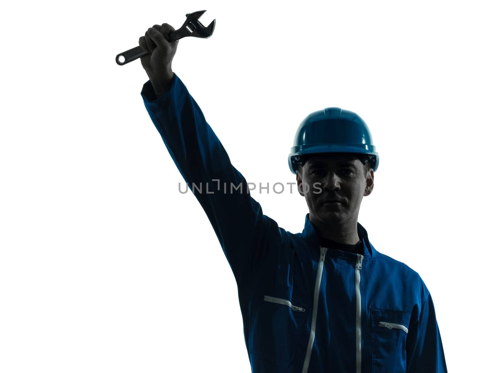 one caucasian repairman worker salutingsilhouette in studio on white background
