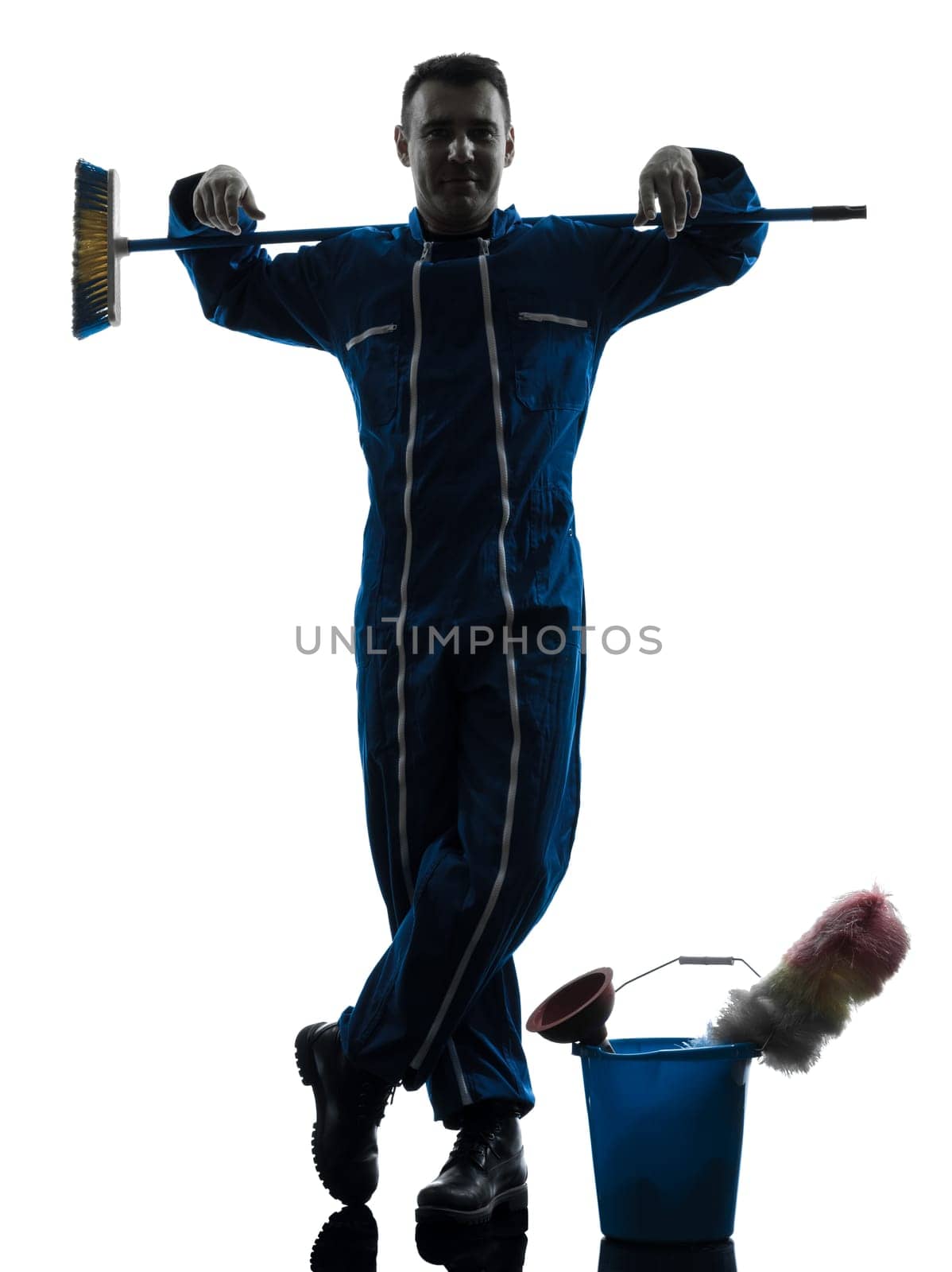 one caucasian janitor cleaner cleaning silhouette in studio on white background